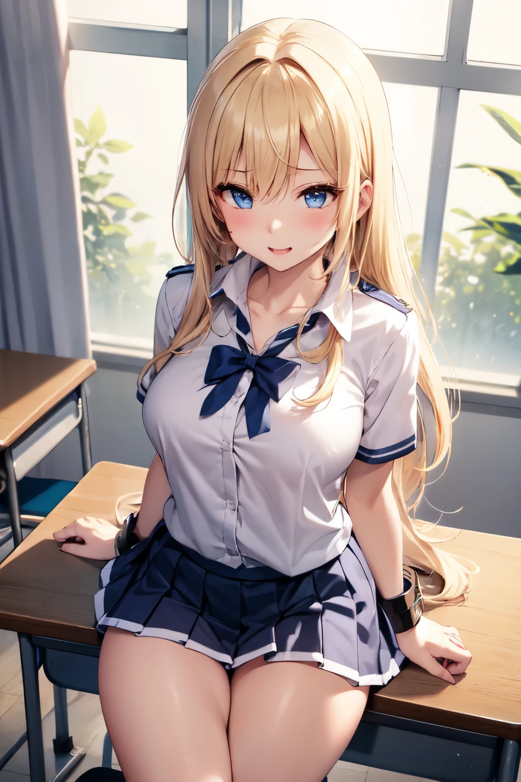 horny girls 、 beautiful blonde girl、 STRAIGHT LONG HAIR、 gals、Wide-open eyes、 blue eyes 、Short-sleeved uniform、 white collared blouse、Collarbone in full view、 light blue skirt、 pleated skirt、 horny thighs、Inner thighs、 black socks、Hide your arms behind your back 、両腕に手錠、large handcuffs、 Upper Eye Care、classroom、Watching from above、 naughty vibe