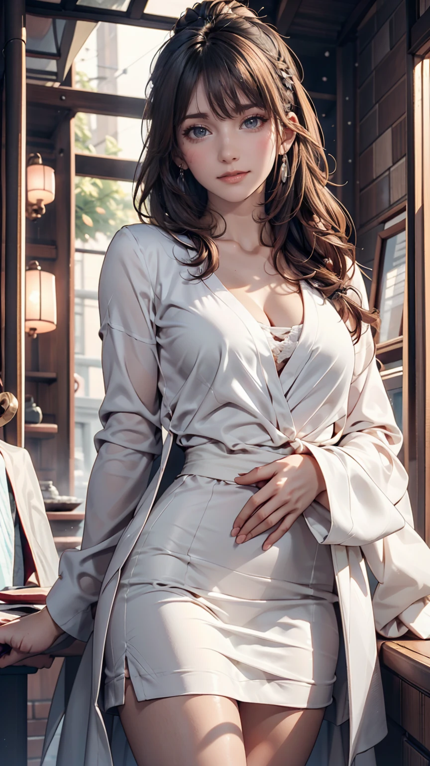 Young Latinos ((Ultra-realistic:1.2)), 24-year-old woman、Wearing a navy blue lab coat and light pink pants、Laughing a lot, The bathroom is very bright, (Close-up), Bring your face closer, Digital SLR, 100 mm、Sexy proportions、Sexy、Cleavage Emphasis、Proudly