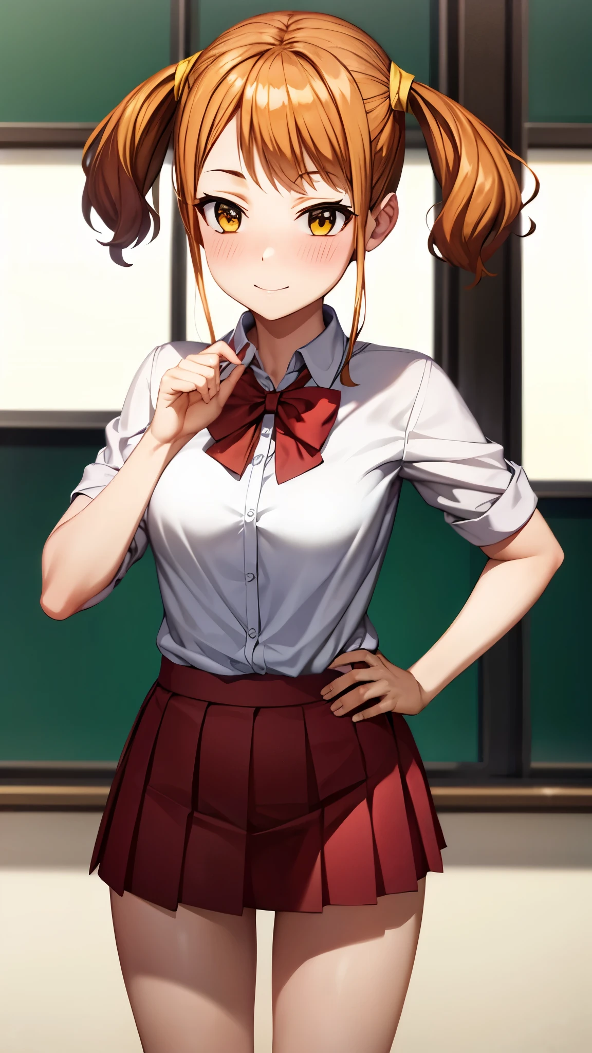 ( Super high quality, super high definition,16k,super masterpiece,Ultra HD ,Detailed shading and background,) sexy girl ,Orange hair with twin tails,Yellow hair clip,expanded white shirt, red bow tie, red mini skirt ,smile,blush, The Classroom Where the Rising Sun Shines,