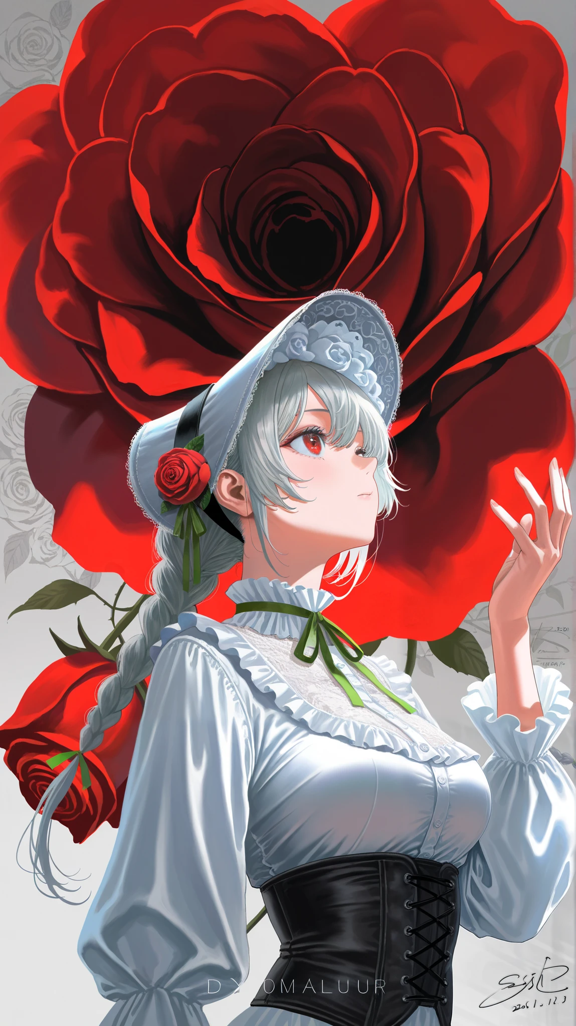 Strong male, green eyes, short silver hair, white robe, fov, f/1.8, masterpiece, (veil, mouth veil), blood moon, night, flower petals flying, front portrait shot, side light, moonlight shining on people, 8K