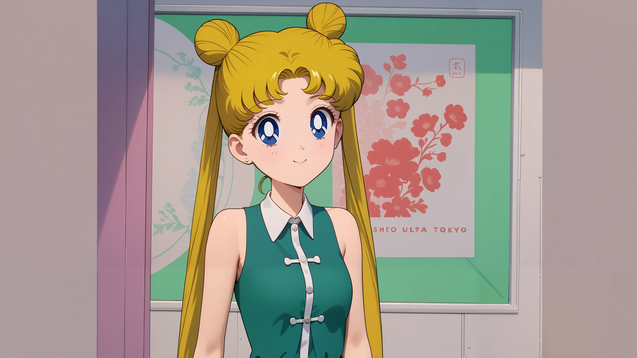 (masterpiece, best quality, very aesthetic, ultra detailed), intricate details, 4k, aausagi, long hair, double bun, twintails, parted bangs, blue eyes, standing, cowboy shot, Tokyo shop, smile,