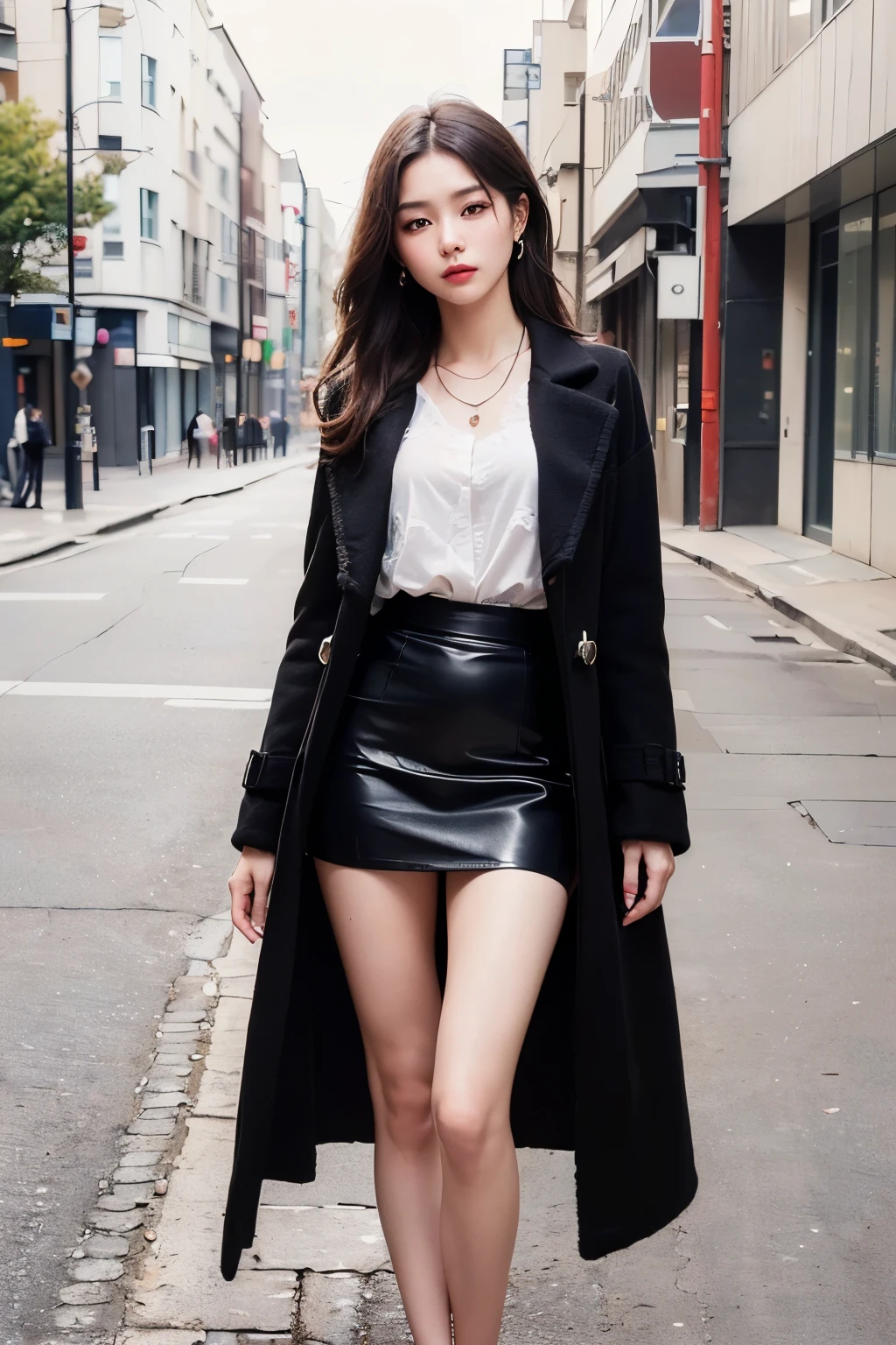 (​masterpiece:1.3), (8K, Photorealsitic, Raw photography, top-quality: 1.4), (1girl in), A pretty woman with perfect figure:1.4, cute  face, beautiful countenance, (Lifelike face), Beautiful hairstyle, realisticeyes, beautiful detail, (real looking skin), Beautiful skins, enticing, The ultra -The high-definition, A hyper-realistic, ighly detailed, (small tits:1.3), (cleavage of the breast:0.8)、White button-up shirt、a belt、Black leather tight skirt、Like Emily O'Hara Ratajkowski Japan, Semi-long curly hair、bangss、(Brown hair、small tits1.3)、(slim figure))、Kojiri、(small and beatiful model pose、is standing