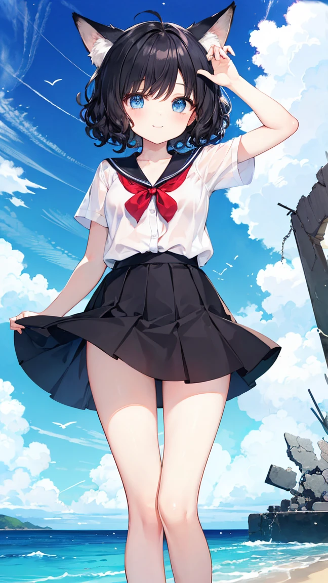 (masterpiece、highest quality、Very detailed)、((One Girl))、((Black Hair))、((short hair))、((black eye))、Confused eyes、((Unfriendly))、Earrings、((Very large breasts))、Light blue bow tie、((White shirt))、Short sleeve、((Black pleated skirt))、((mini skirt))、((White baggy socks))、loafers、((Black panties peeking out from a skirt fluttering in the wind))、rooftop、Shoot from the front、