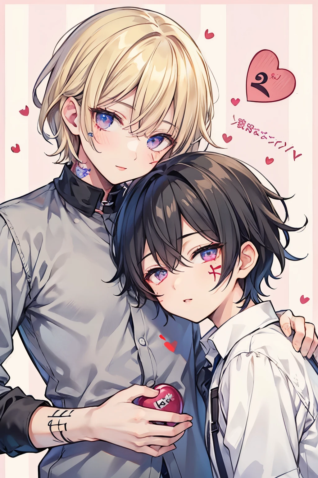Blonde, black hair, for men, medium hair with visible tattoos ,blue eyes , pink eyes,Beautiful Boy, skinny,lips,2 boys, , Yaoi, Checkered background, happy expression ,おはよう☀️, sleeping hair,((Many Many heart mark:1.25)),