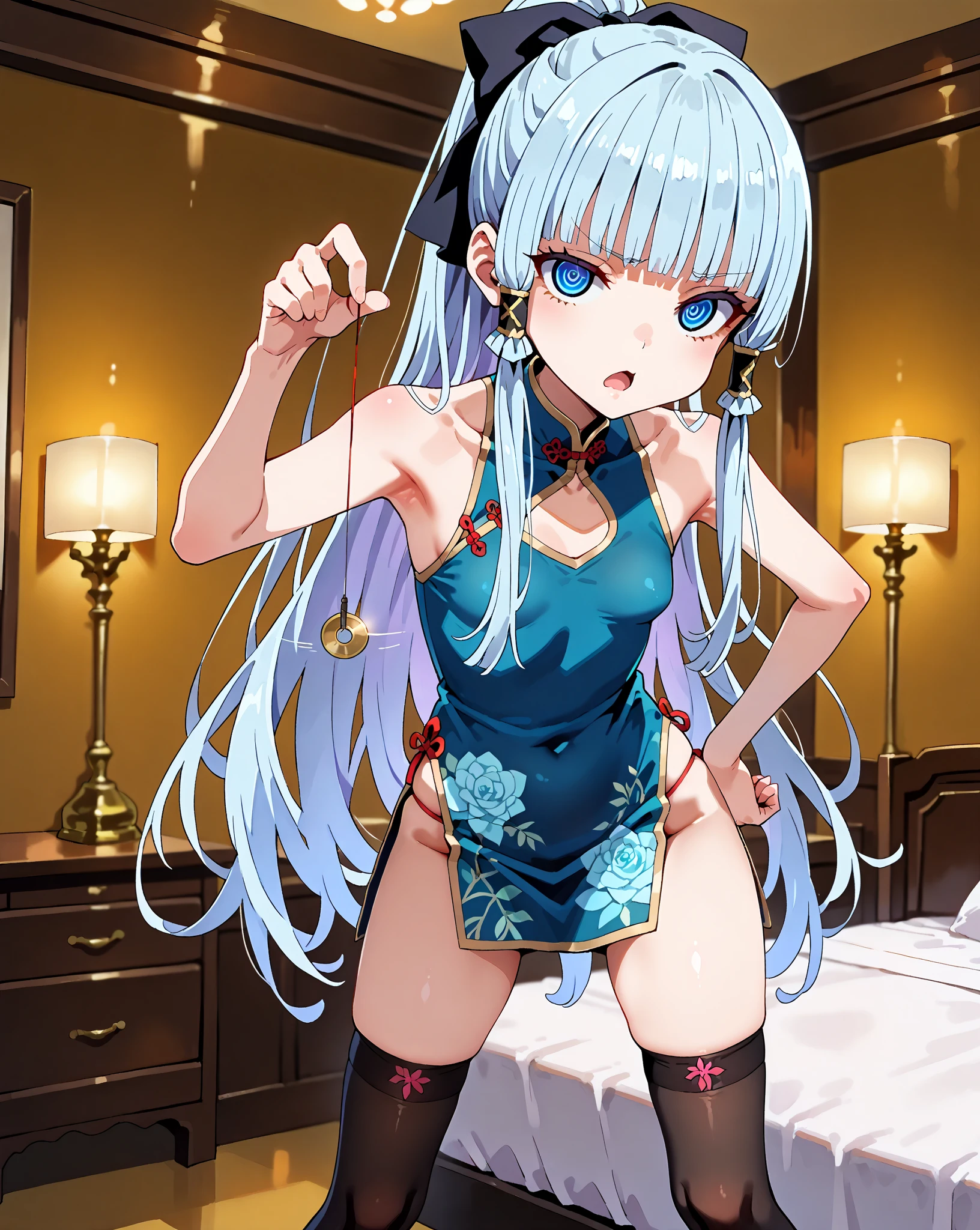 (masterpiece), best quality, (((ultra detailed, 8k quality))), expressive eyes, perfect face, perfect anatomy, perfect body, scene, <lora:scene_:0.7>, <lora:more_details:0.7>, <lora:beautiful_detailed_eyes:0.5>, <lora:GoodHands-beta2:0.7>, dishwasher1910 style, <lora:dishwasherstyle:0.7>, , <lora:more_details:0.3> , <lora:GoodHands-beta2:0.7>, Sistine Fibel, long hair, grey hair, green eyes, red ribbon, gloves, blue choker, Sistine Fibel, blue hairband, long hair, green eyes, grey hair, <lora:chara_Rokuaka_SistineFibel_v1:0.7>, bare shoulders,china dress,chinese clothes,short dress,cleavage cutout,sideboob,thighs,hands_on_hips,furrowed_brow,indoors,small breasts,