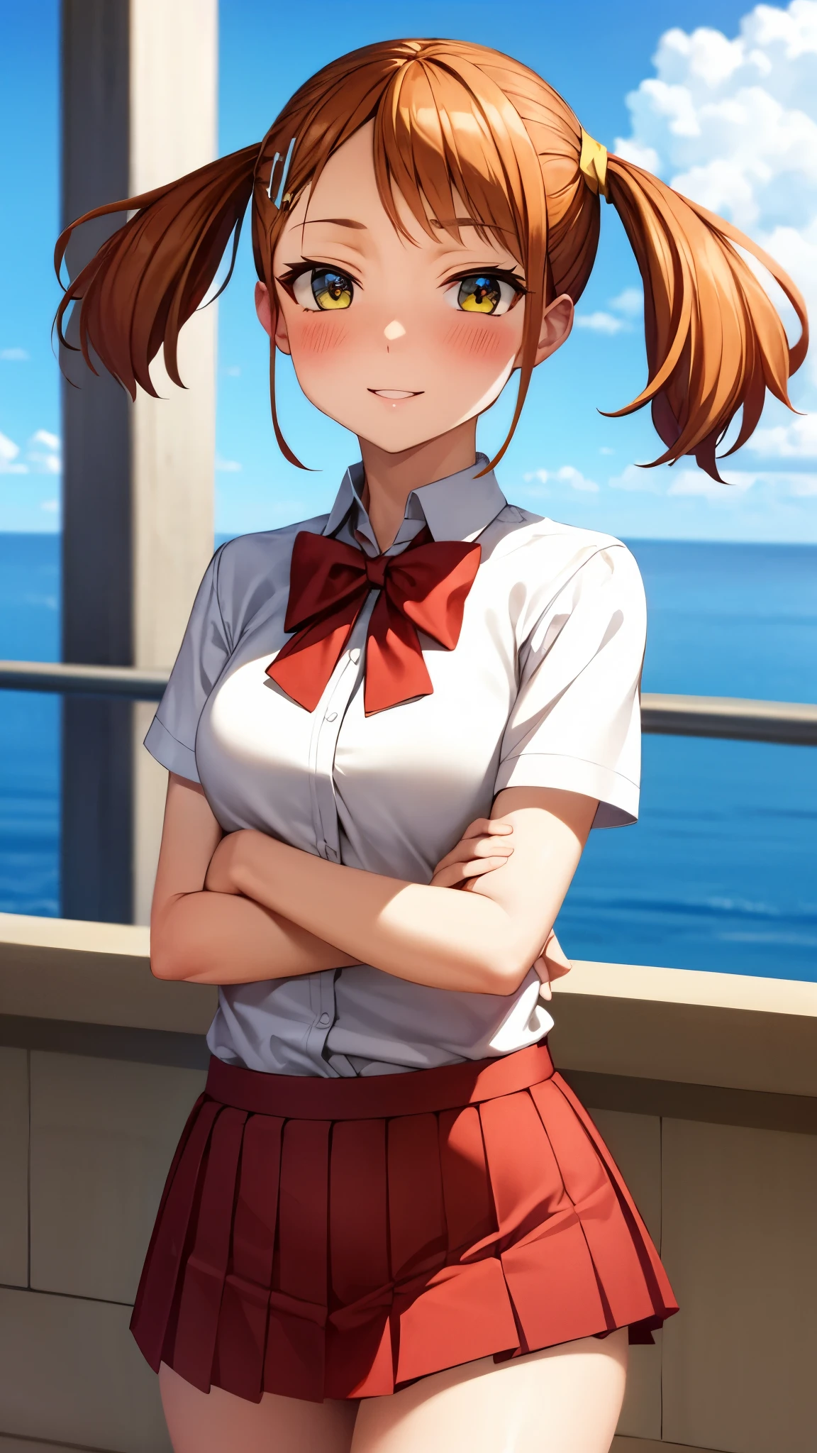 （ Super high quality, super high definition,16k,super masterpiece,Ultra HD ,Detailed shading and background,） sexy girl ,Orange hair with twin tails,Yellow hair clip,expanded white shirt, red bow tie, red mini skirt ,smile,blush,Rooftop where you can see the blue sky and sun,