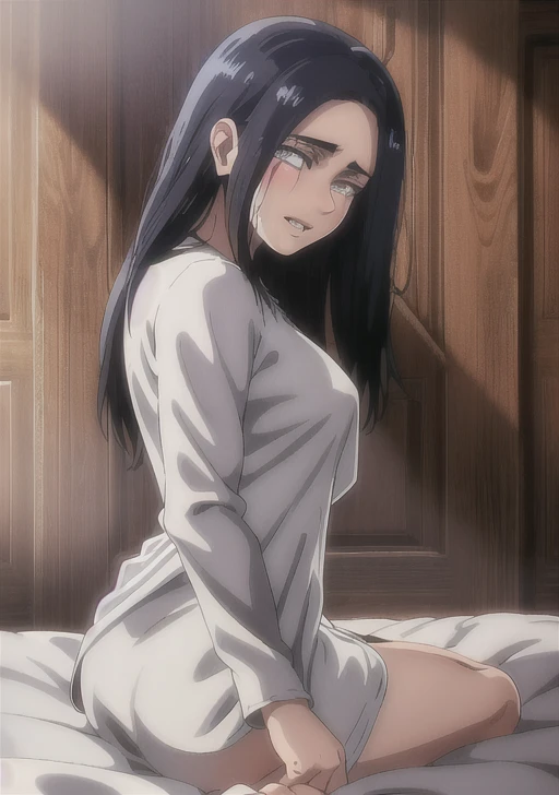 score_9, score_8_superior, score_7_superior, sauce_anime, ambient light, sunlight , (1 tall girl ),
Sagiri Yamada Asaemon, Sagiriyamada Asaemon, Long Hair, Black Hair, ponytail, high ponytail, Brown eyes,
show off breast ,torn white kimono, undress clothes, In the same way, lie on bed, rape , , nsfw , shackles , , wet body,
indoor, bed, bed room, ~ side, blush,
alone, Dutch Angle, View your viewers, Cowboy Shot, white fundoshi, nipples , closed mouth , erectile nipples, cameltoe , large breast:0.1,