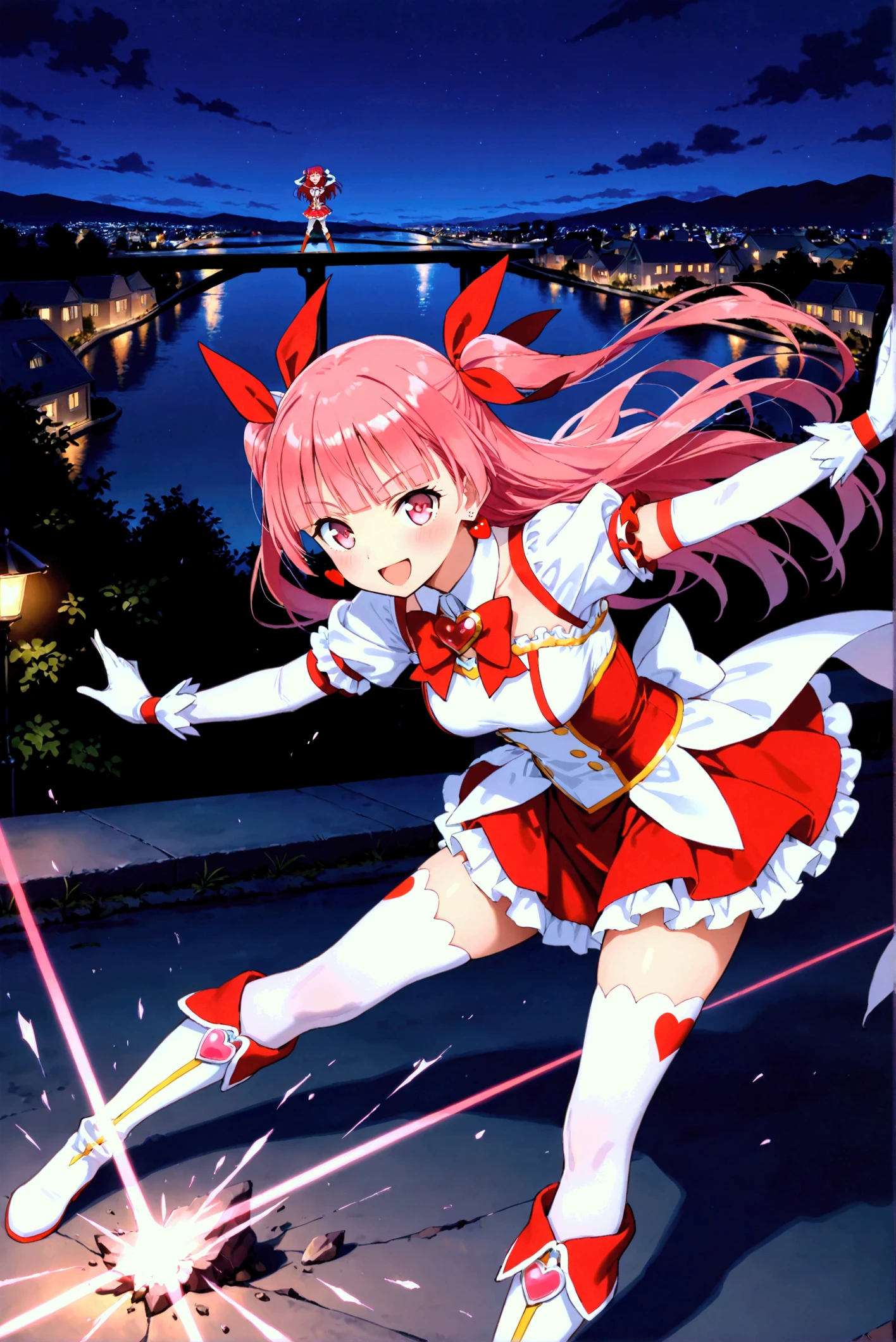 masterpiece, best quality, (1girl, solo),
red angel, 1girl, solo, thighhighs, twintails, gloves, white thighhighs, orange hair, bow, zettai ryouiki, open mouth, red dress, boots, long sleeves, ribbon, skirt, green eyes,
 <lora:RedAngel0010:0.65>
angry,jumping,striped panties,
( outdoors, city,cowboy shot , dynamic pose, fighting stance, looking at viewer, ),