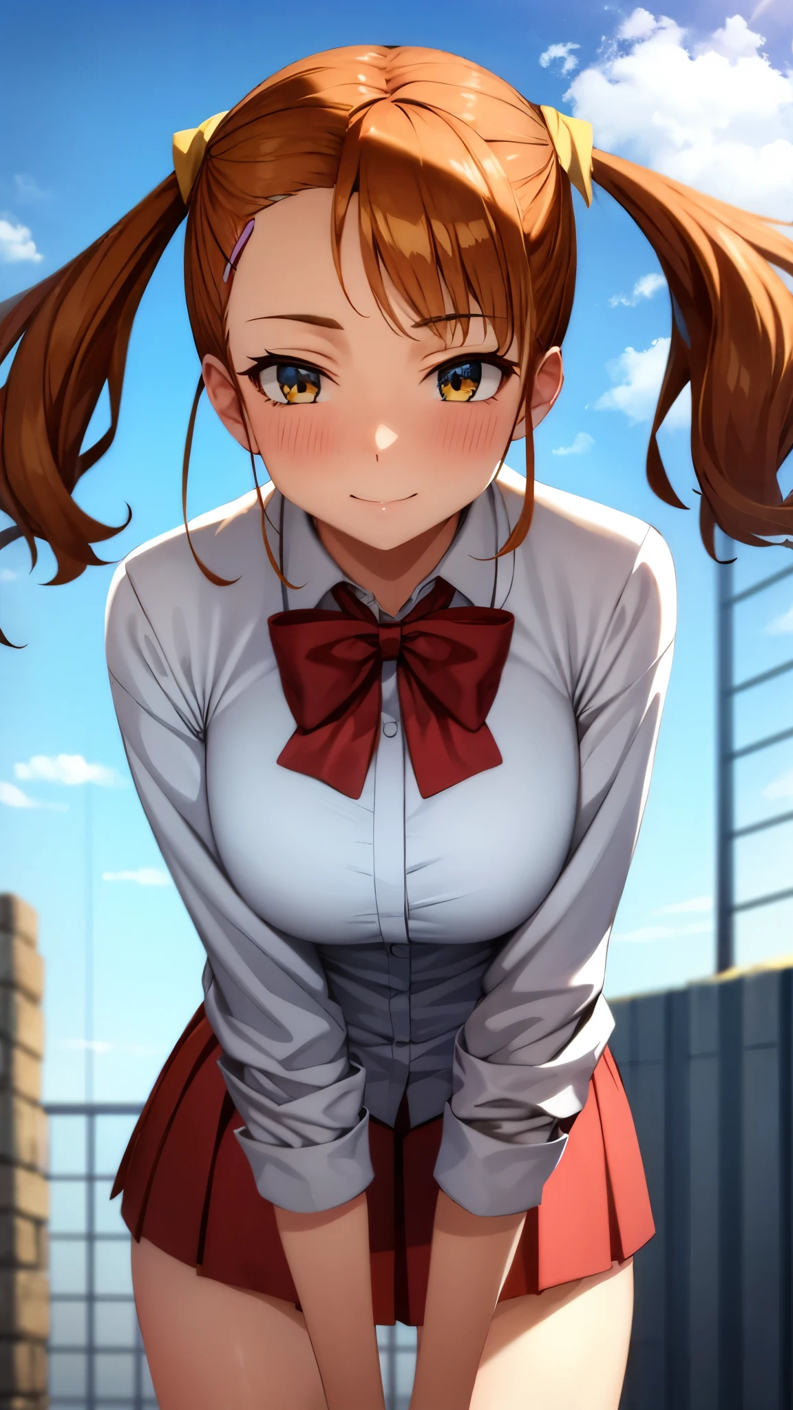 ( Super high quality, super high definition,16k,super masterpiece,Ultra HD ,Detailed shading and background,) shot from below , sexy girl ,Orange hair with twin tails,Yellow hair clip,expanded white shirt, red bow tie, red mini skirt ,smile,blush,Rooftop where you can see the blue sky and sun,Leaning forward greatly, hold your hair with one hand,