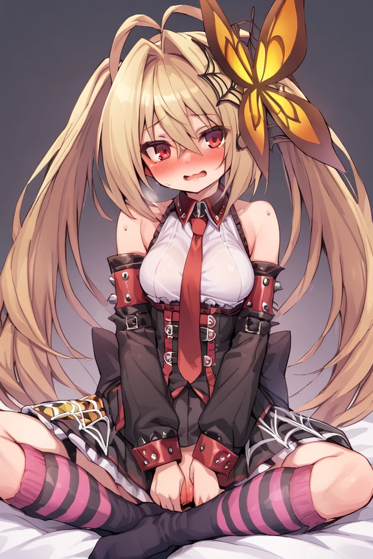 (masterpiece, extremely detailed, best quality, ultra-detailed, illustration1.2), girl. shy, faint smile, blonde hair, short hair, (two very long ponytails), (two very long ponytails), red eyes, hair between eyes, bangs, head butterfly ornament on left side, medium breasts, white shirt, punkish, punkish skirt, knee socks, red necktie, looking at viewer, one side nipple, rubbing breast