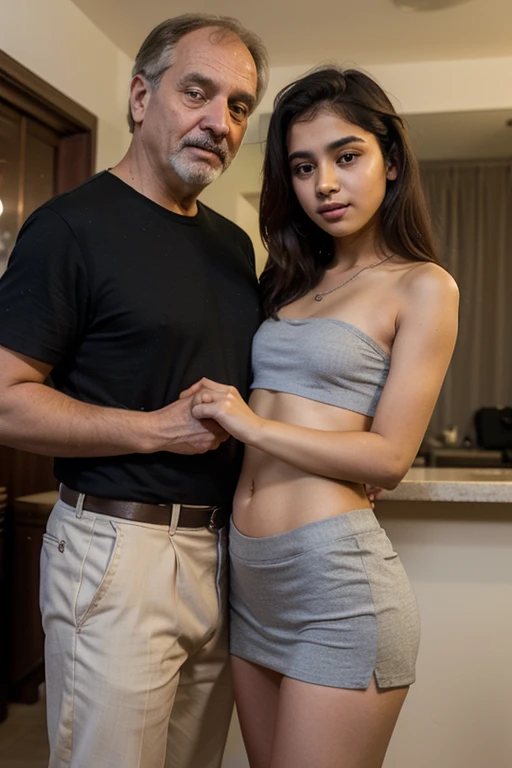 A couple consists of macho bald old man and young sweet beautiful girl being having sex, both are Indonesian, both full naked, the oldman is 55 years old, the young sweet girl is 19 years old, both are ver hot, the man has erection circumcised round tip penis, 