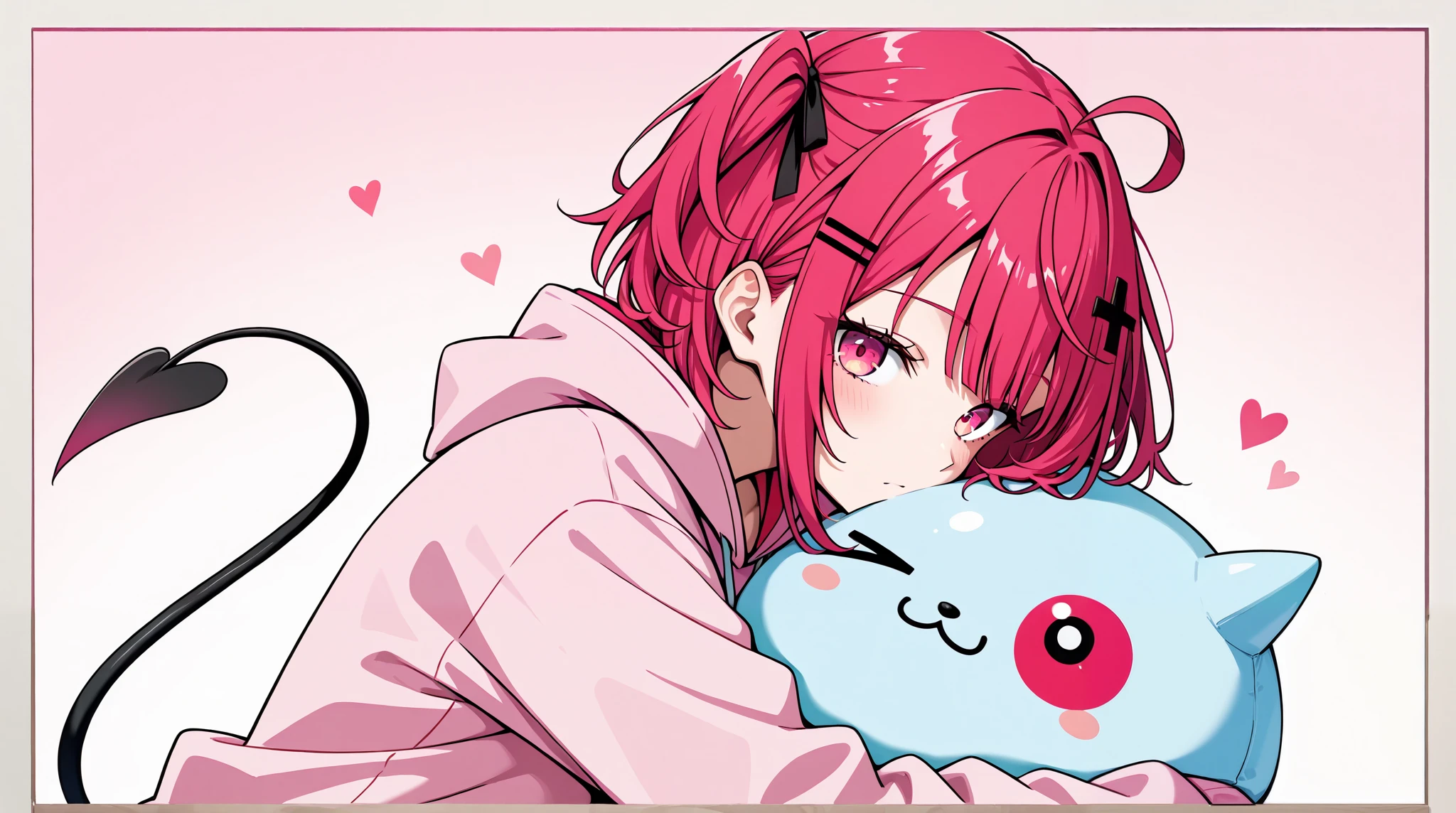 A profile photo. A gamer girl with black and white long-pig tailed hair. She has pink eyes, Pastel hoodie, Pastel gamer bedroom background, Milkshake 