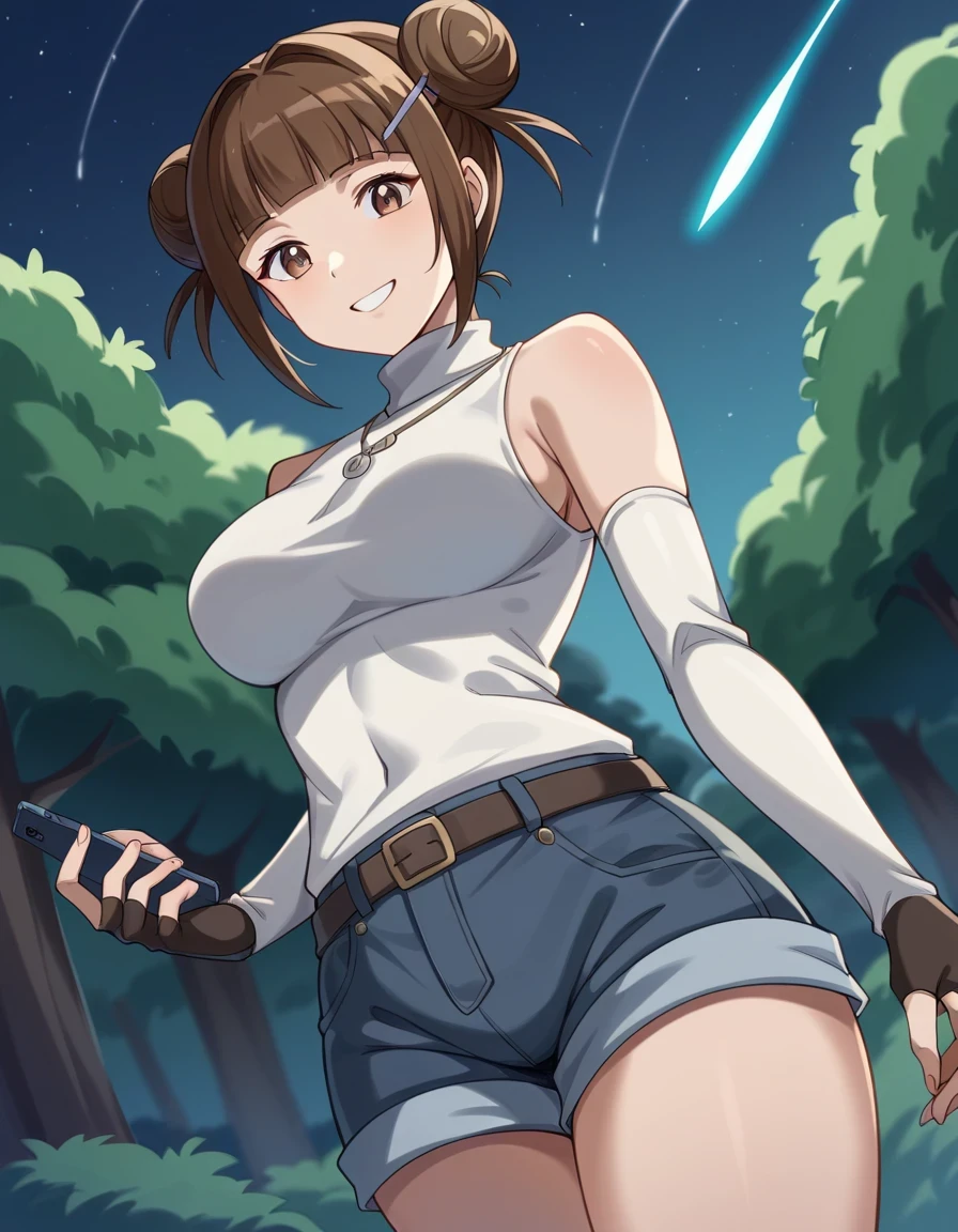 Anime girl with a cell phone in her hand and a shooting star in the ...