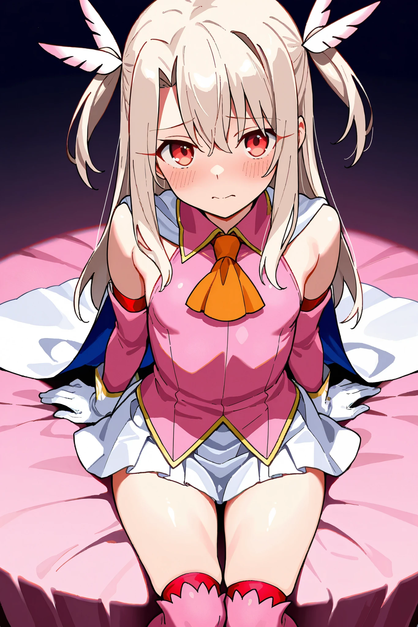 aaillya,long_hair,blonde_hair,red_eyes,hair_between_eyes,bangs,white_hair, illyamagical,magical_girl,two_side_up,hair_ornament,feather_hair_ornament,gloves,white_gloves,elbow_gloves,detached_sleeves,ascot,thigh_boots,thighhighs,pink_footwear,boots,bare_shoulders,cape, 1girl, solo, , short stature, Short arms, Short legs, gigantic breasts, pussy line, fullback panties, (big ass:1.4), blush, ecstasy, bed, bedroom, anime colored, anime screencap,