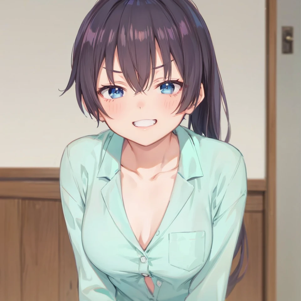 (((masterpiece))),fuyumi itadori, Anime girl characters, 1girl, solo, looking at viewer, medium hair,black hair,Yellowstone eyes, long sleeves, cleavage, bigger breasts, closed mouth, collarbone, jacket, open clothes, open jacket, blue jacket, ground vehicle, sports bra, tall girl, horny, big ass, beautiful face,Charming, Tight-fitting clothing, hd picture, 4k quality, details of the face is so good, 