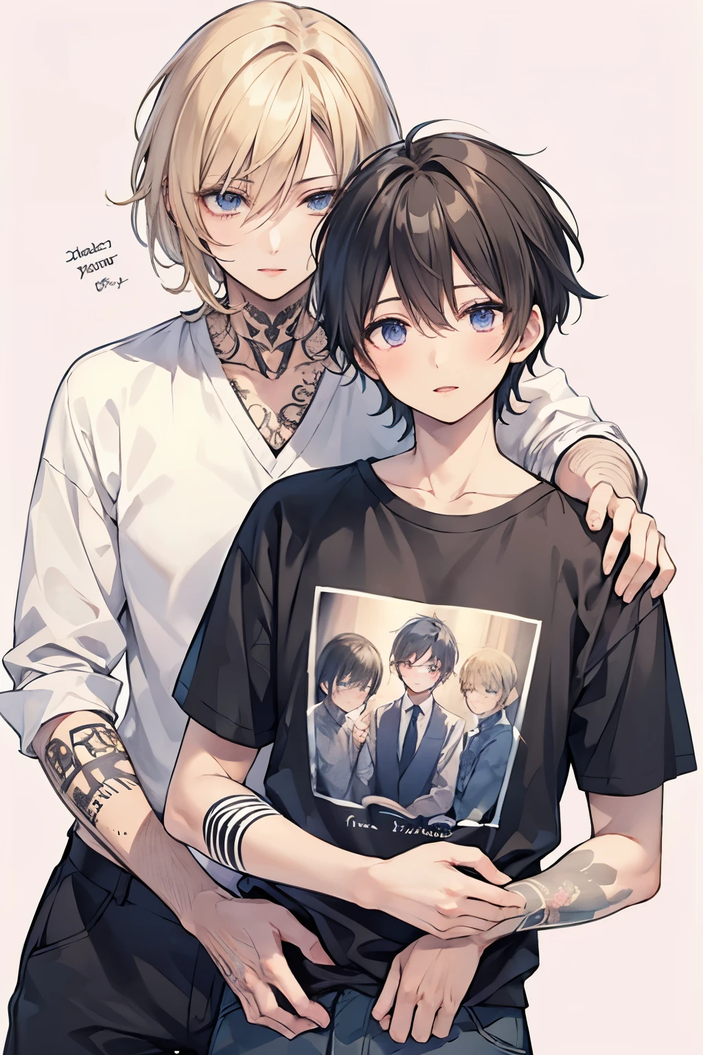Blonde, black hair, for men, medium hair with visible tattoos ,blue eyes , pink eyes,Beautiful Boy, skinny,lips,2 boys, , Yaoi, Checkered background, happy expression ,おはよう☀️, sleeping hair,