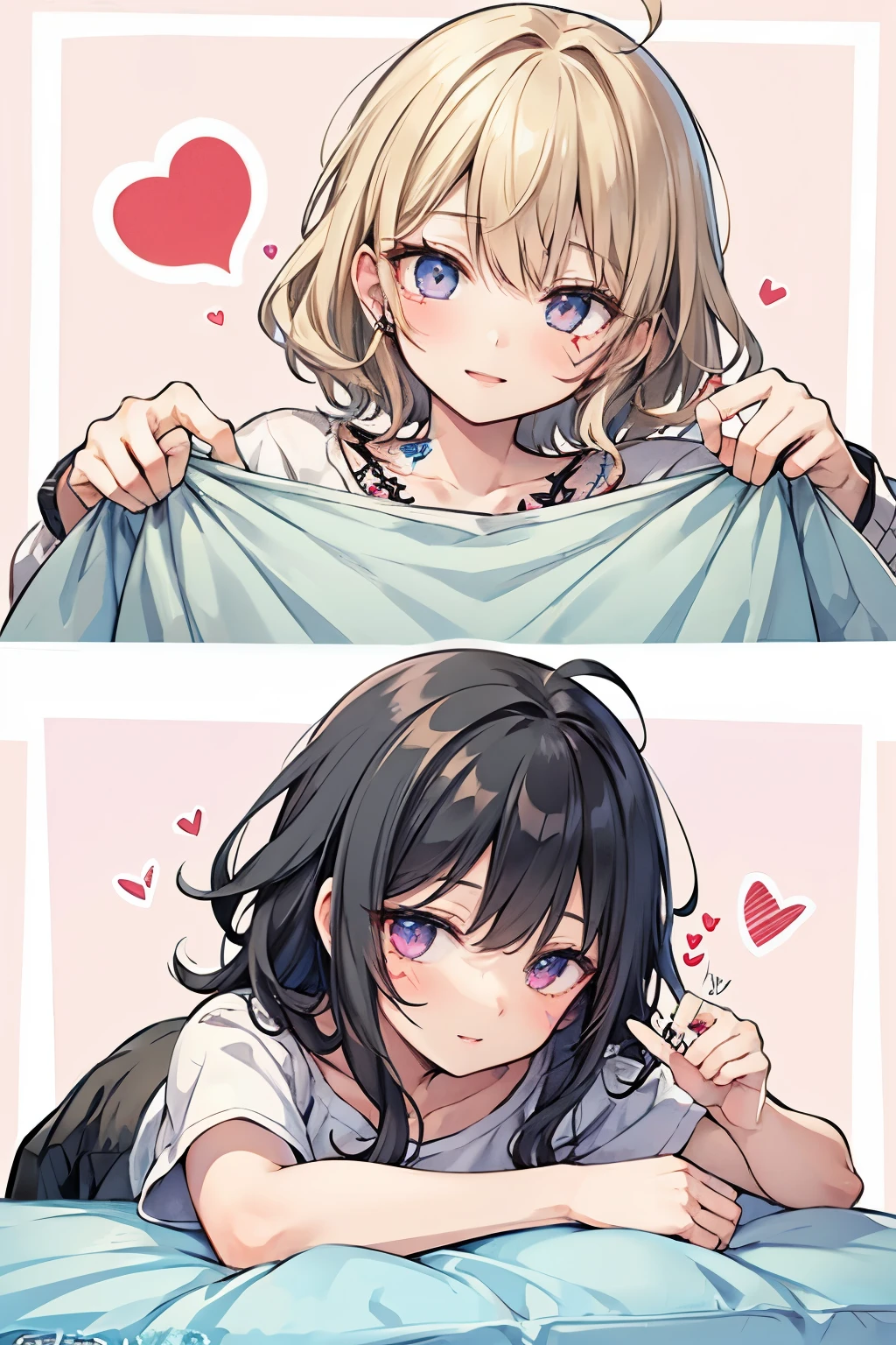 Blonde, black hair, for men, medium hair with visible tattoos ,Curly hair,ahoge,blue eyes , pink eyes,((Beautiful Boy:0.85)),lips,((2 boys:0.9)),(Yaoi), Checkered background,((on bedding:0.8)), happy expression ,おはよう☀️,Night Wear , sleeping hair,((Many Many heart mark:1.25)),cute and sweet