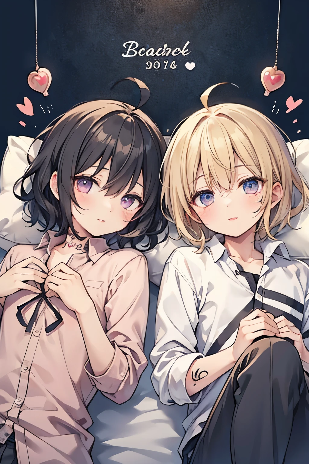 Blonde, black hair, for men, medium hair with visible tattoos ,Curly hair,ahoge,blue eyes , pink eyes,((Beautiful Boy:0.85)),lips,((2 boys:0.9)),(Yaoi), Checkered background,((on bedding:0.8)), happy expression ,おはよう☀️,Night Wear , sleeping hair,((Many Many heart mark:1.25)),cute and sweet