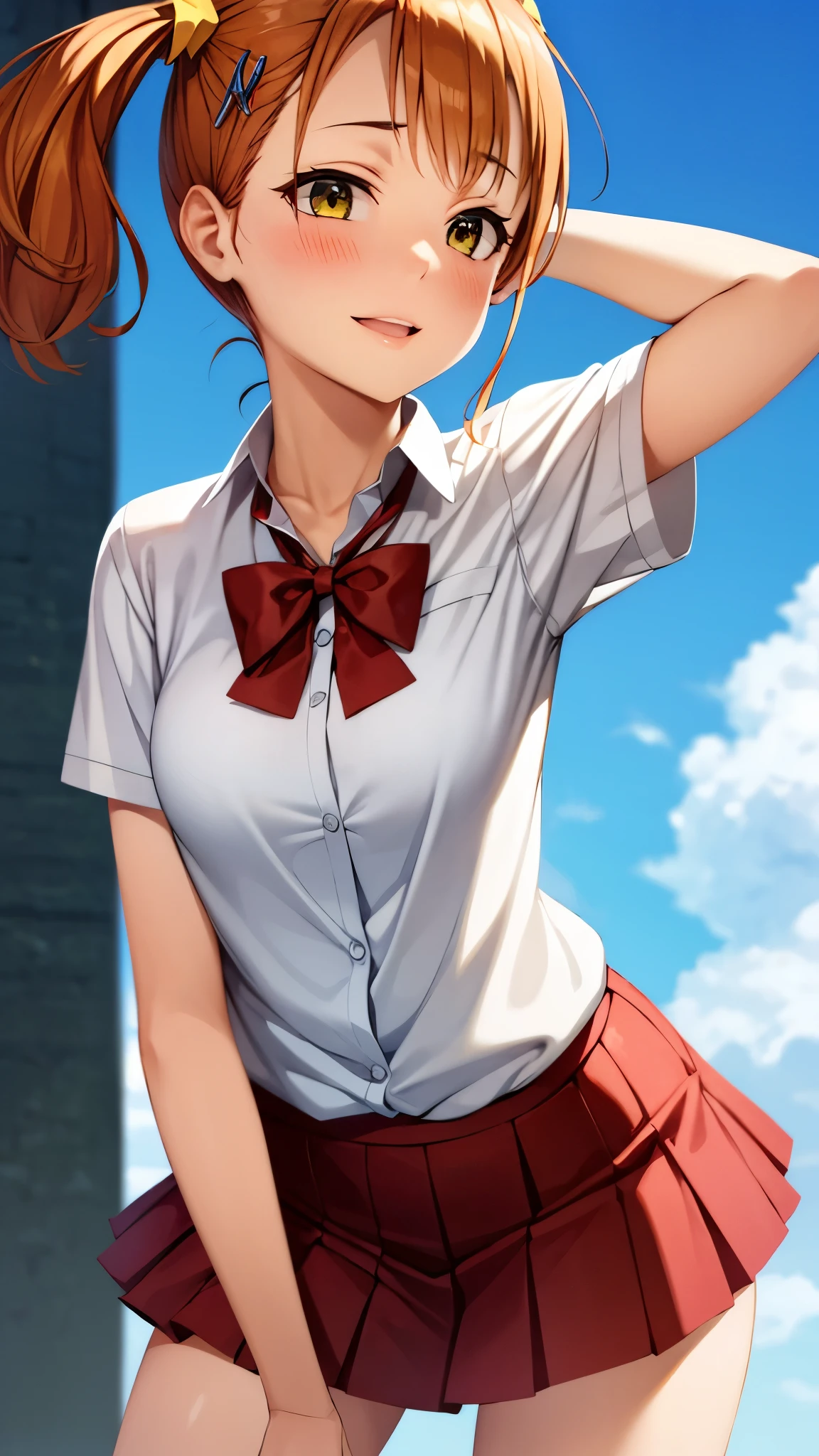 ( Super high quality, super high definition,16k,super masterpiece,Ultra HD ,Detailed shading and background,) shot from below ,Sexy high school girl,Orange hair with twin tails,Yellow hair clip,expanded white shirt, red bow tie, red mini skirt ,smile,blush,Rooftop where you can see the blue sky and sun,Leaning forward greatly, hold your hair with one hand,