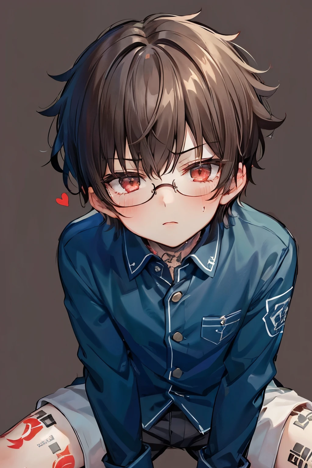 ((1-boy :1.5)),((Adult men with sex appeal:1.0)),Condescending gaze,((looking down:0.5)),red-cheek,Short Hair, brown hair,Red color eyes,♥️,long sleeve shorts uniform,((tattoo on thigh:1.0)),(glasses:0.8),cute background,(close up Face:1.0)