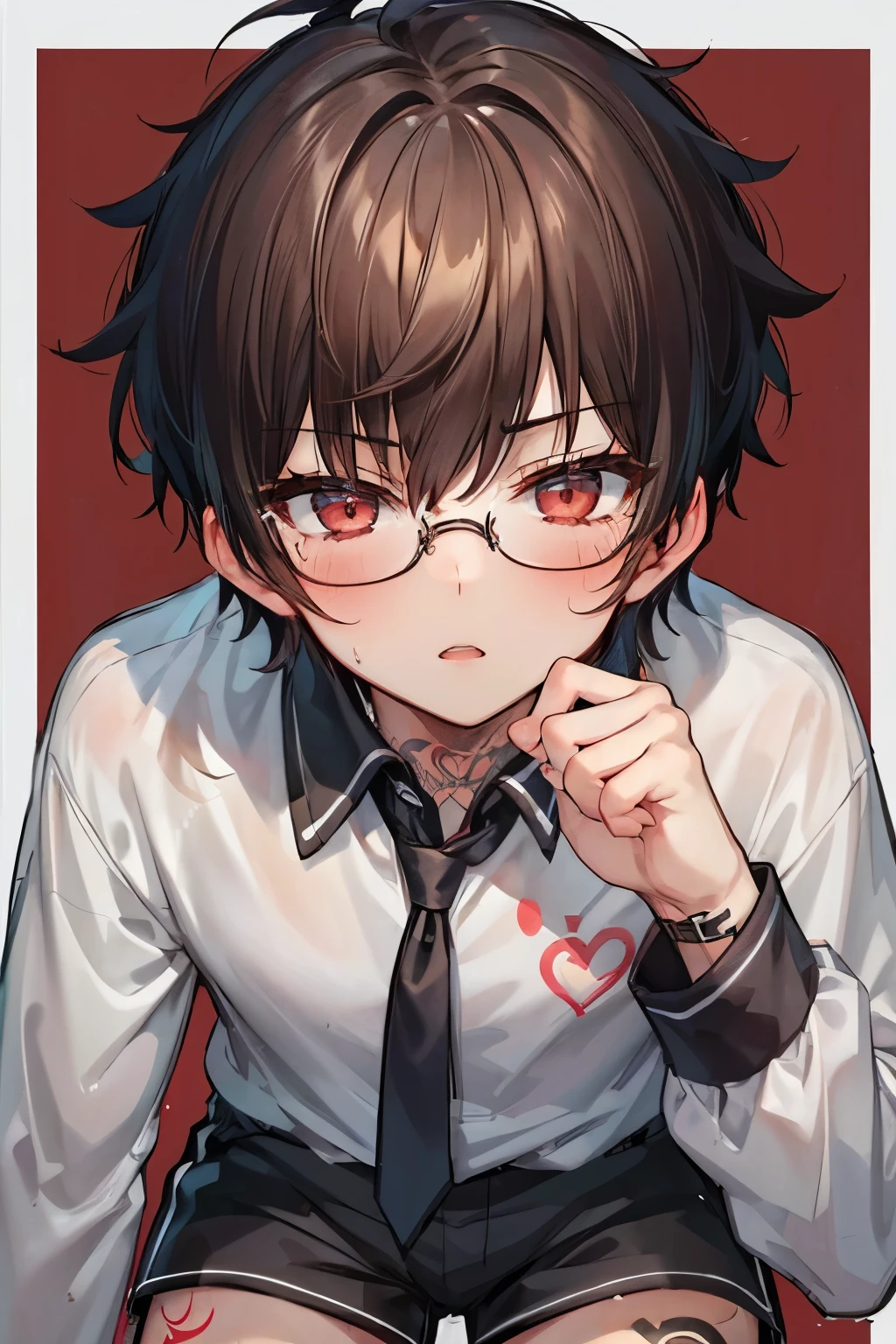 ((1-boy :1.5)),((Adult men with sex appeal:1.0)),Condescending gaze,((looking down:0.5)),red-cheek,Short Hair, brown hair,Red color eyes,♥️,long sleeve shorts uniform,((tattoo on thigh:1.0)),(glasses:0.8),cute background,(close up Face:1.0)