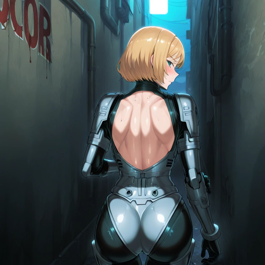 1990s style, highly detailed anime illustration of a (Cyberpunk Fantasy Female Knight with pale skin and short blond hair), in a skimpy armor, from behind, ass focus, ambient light, cybernetic augmentations, Neuromancer, oil on canvas, fine details, hires scan, dystopian, vigilante