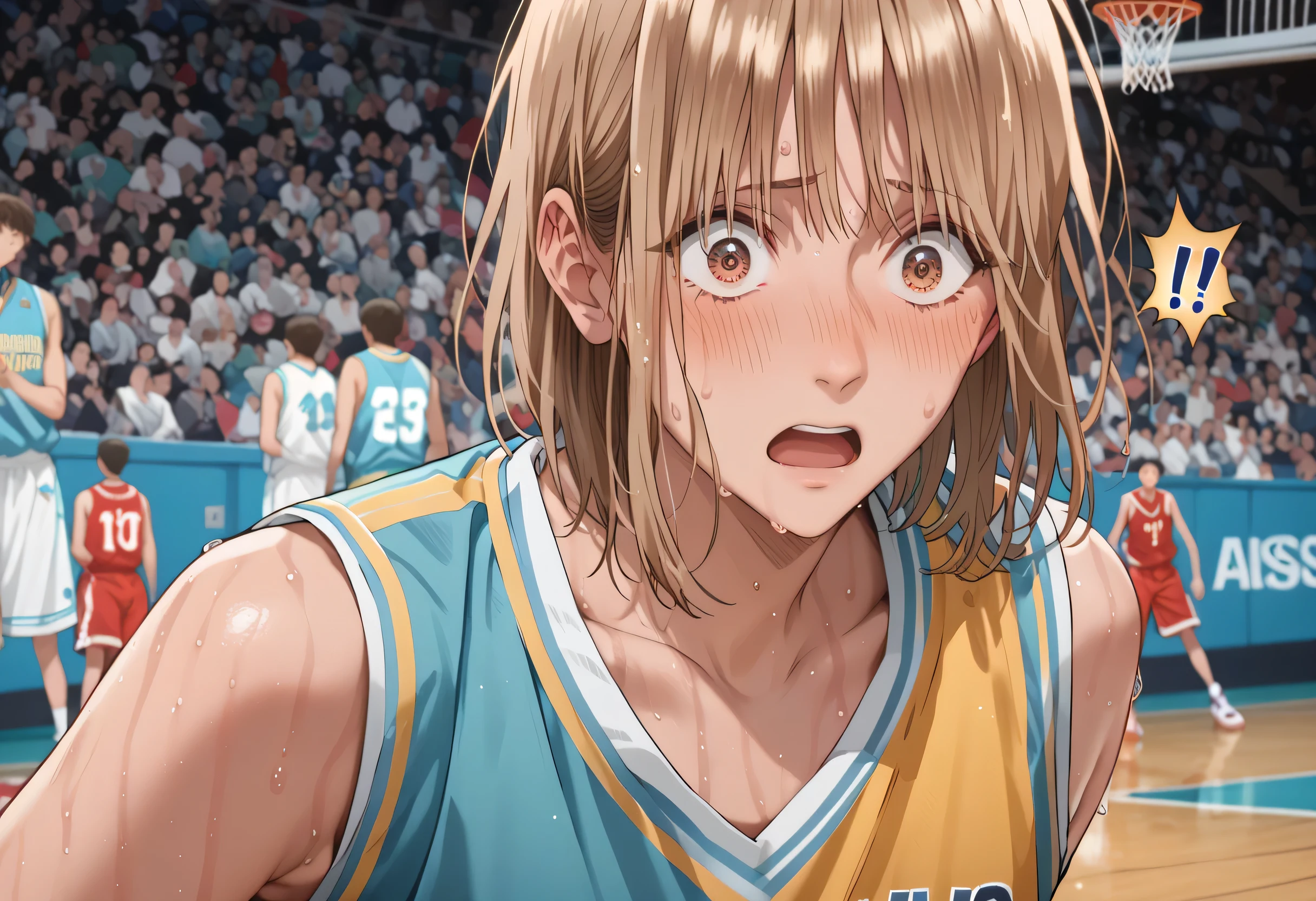 basketball uniform, light brown bob hair, from behind, blush, (surprise and Embarrassed expression:1.3), (sweaty:1.7), (surprise:1.5),