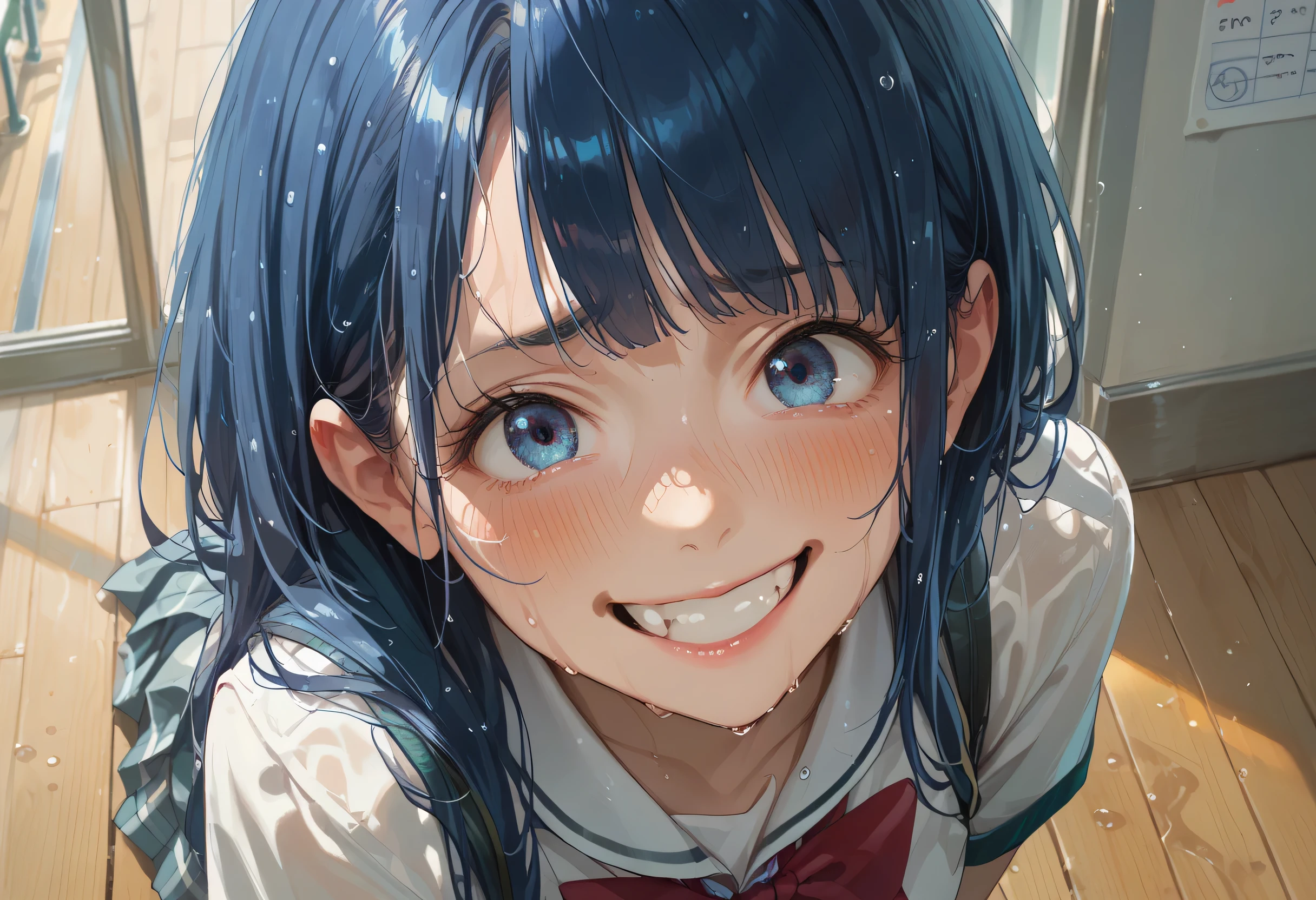 high school uniform, from above, blush, (Embarrassed expression:1.3), (sweaty:1.7), (grin:1.5),