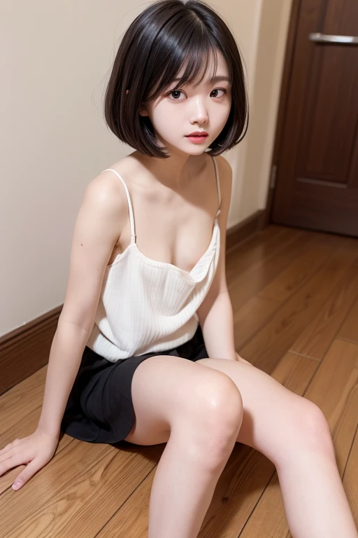 Masterpiece, Highest quality, 16K, raw photo, High resolution, high resolution, 1Girl, 独奏, Adorable,high school girl, Cute Face, (Baby Face),  Medium Hair, (Summer clothes, White camisole dress), (Sexy cotton panties), sit in a train seat, Spread your legs wide, Place your arms behind your head