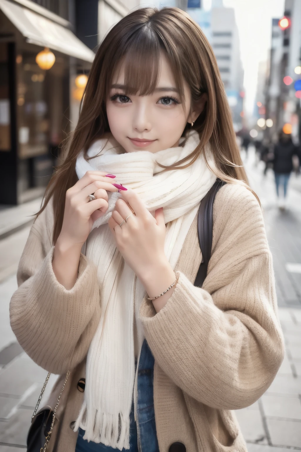 masterpiece,best quality, ultra highres,8k,16k,delicate photography, sharp line, sharp focus, (perfect anatomy:1.5), RAW photo, resolution,realistic,ultra detailed,sharp focus,RAW photo,白,蒼,黒,UHD,
BREAK,
27years old,beautiful Japanese lady,
beauty hair,color contact eyes,gal makeup,long lashes,Eyeliner,large breasts,
A beautiful Japanese woman wearing a coat and a scarf is walking through the city in winter. Her breath is white. She seems to be enjoying herself.
BREAK,
Photo style,golden ratio,Fibonacci spiral composition,