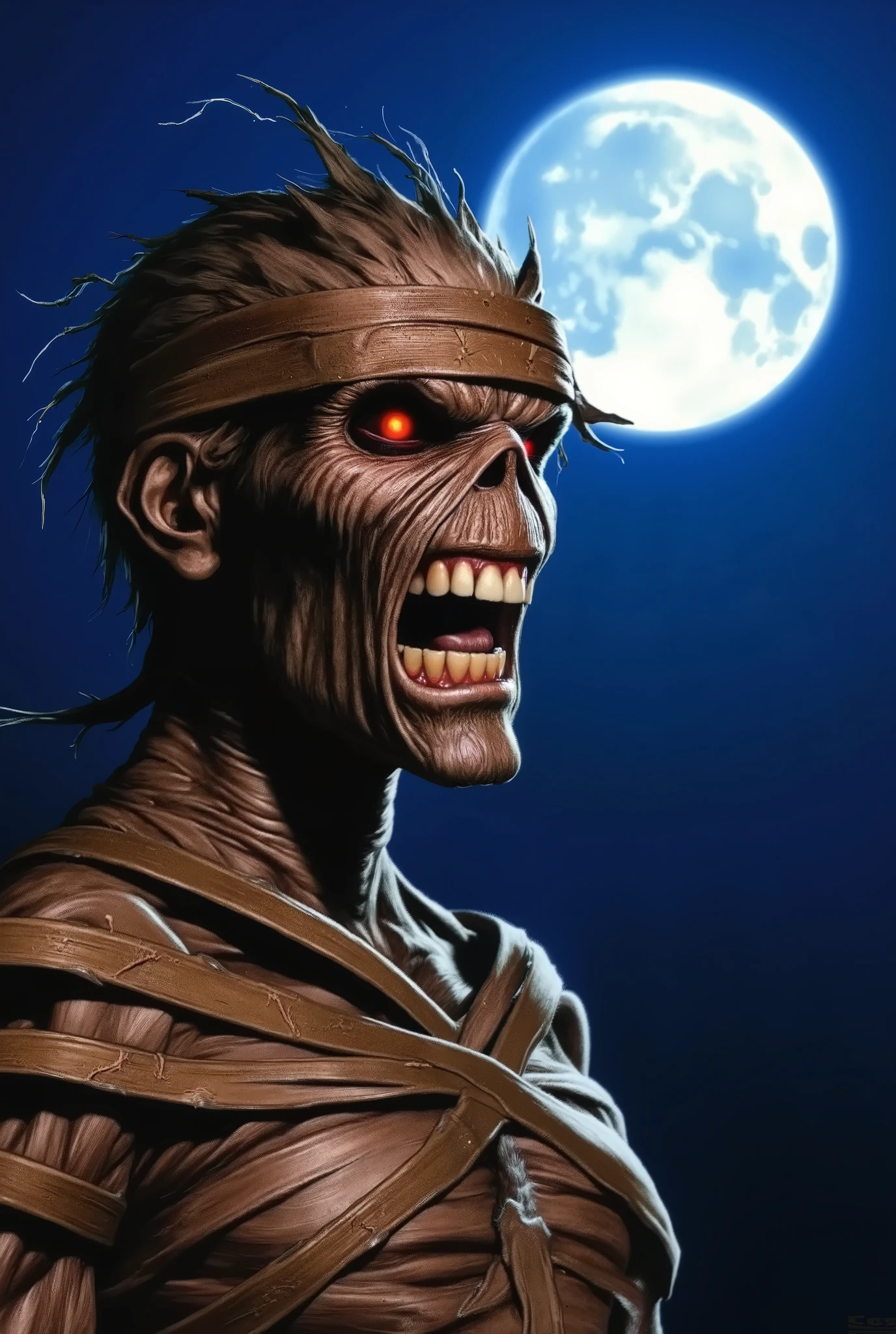 Close-up. arafed view of Eddie is an Egyptian mummy, night full moon, iron maiden album cover.