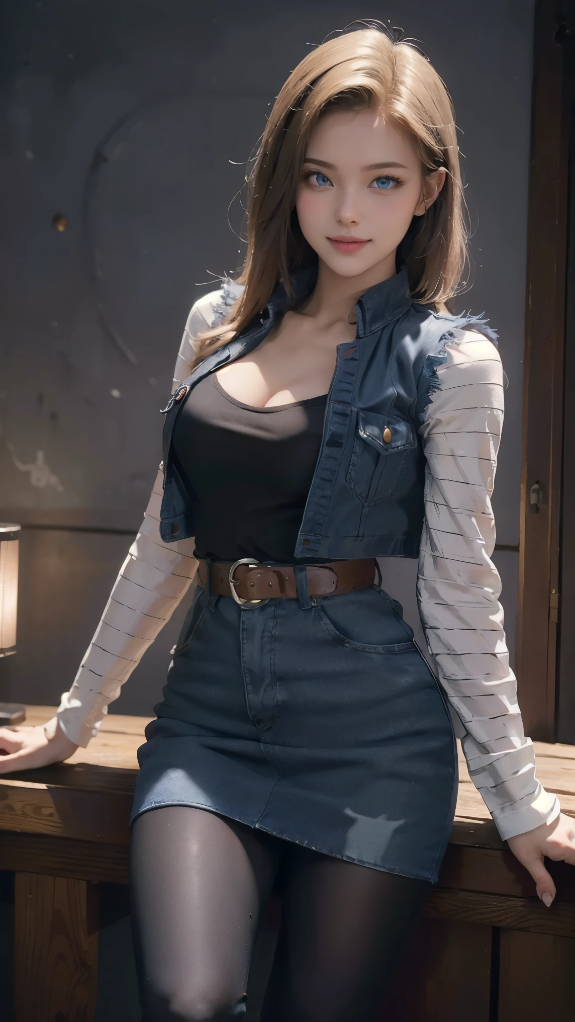 Android 18,(best qualityer,4K,8k,high resolution,work of art:1.2)(weather: cloudy), Japanese village background, Japanese garden, black top, striped sleeves, cropped denim vest, belt, tight denim mini skirt, black pantyhose, brown boots, eyeliner, short straight hair, blonde hair, ultra detailed, realistic, portrait, beautiful detailed blue eyes, glowing eyes, blush, beautiful detailed lips, extremely detailed eye and face, long eyelashes, sexy, average, large breasts, beaming smile, sexy smile, powerful girl, fighting posture, stunning curves, bright coloured, dramatic lighting, hair flying, closed first,