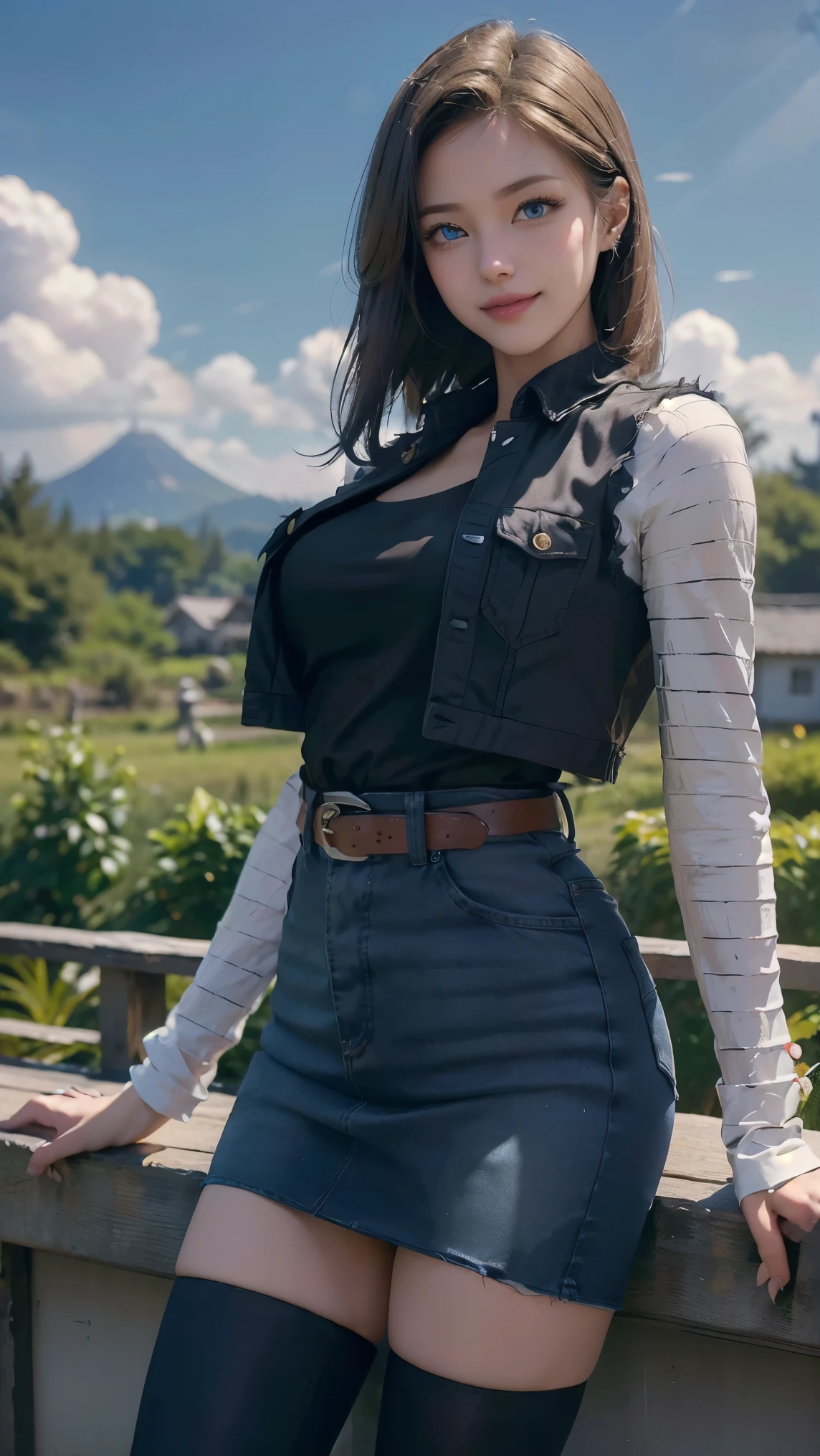 Android 18,(best qualityer,4K,8k,high resolution,work of art:1.2)(weather: cloudy), Japanese village background, Japanese garden, black top, striped sleeves, cropped denim vest, belt, tight denim mini skirt, black pantyhose, brown boots, eyeliner, short straight hair, blonde hair, ultra detailed, realistic, portrait, beautiful detailed blue eyes, glowing eyes, blush, beautiful detailed lips, extremely detailed eye and face, long eyelashes, sexy, average, large breasts, beaming smile, sexy smile, powerful girl, fighting posture, stunning curves, bright coloured, dramatic lighting, hair flying, closed first,