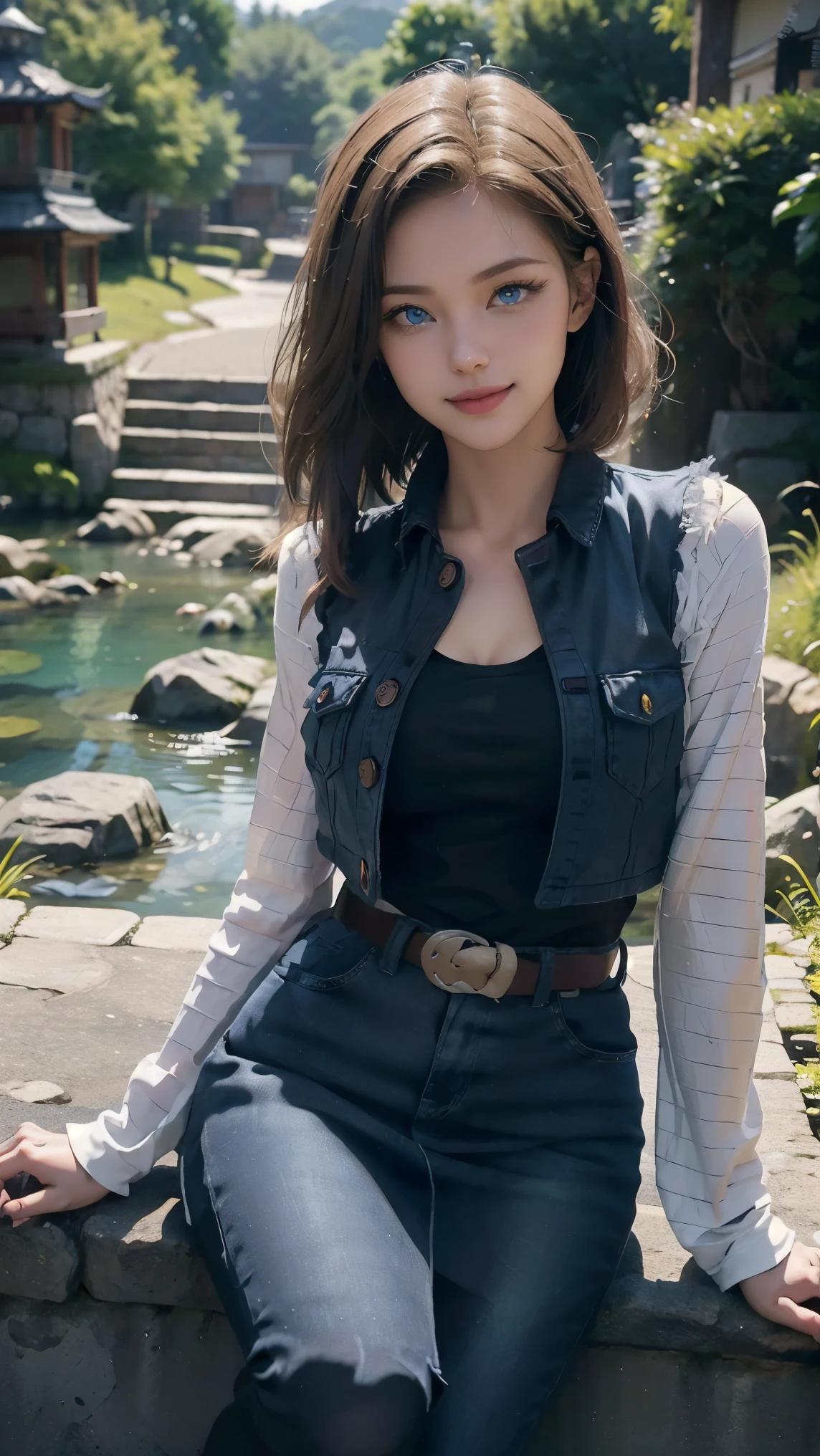 Android 18,(best qualityer,4K,8k,high resolution,work of art:1.2)(weather: cloudy), Japanese village background, Japanese garden, black top, striped sleeves, cropped denim vest, belt, tight denim mini skirt, black pantyhose, brown boots, eyeliner, short straight hair, blonde hair, ultra detailed, realistic, portrait, beautiful detailed blue eyes, glowing eyes, blush, beautiful detailed lips, extremely detailed eye and face, long eyelashes, sexy, average, large breasts, beaming smile, sexy smile, powerful girl, fighting posture, stunning curves, bright coloured, dramatic lighting, hair flying, closed first,