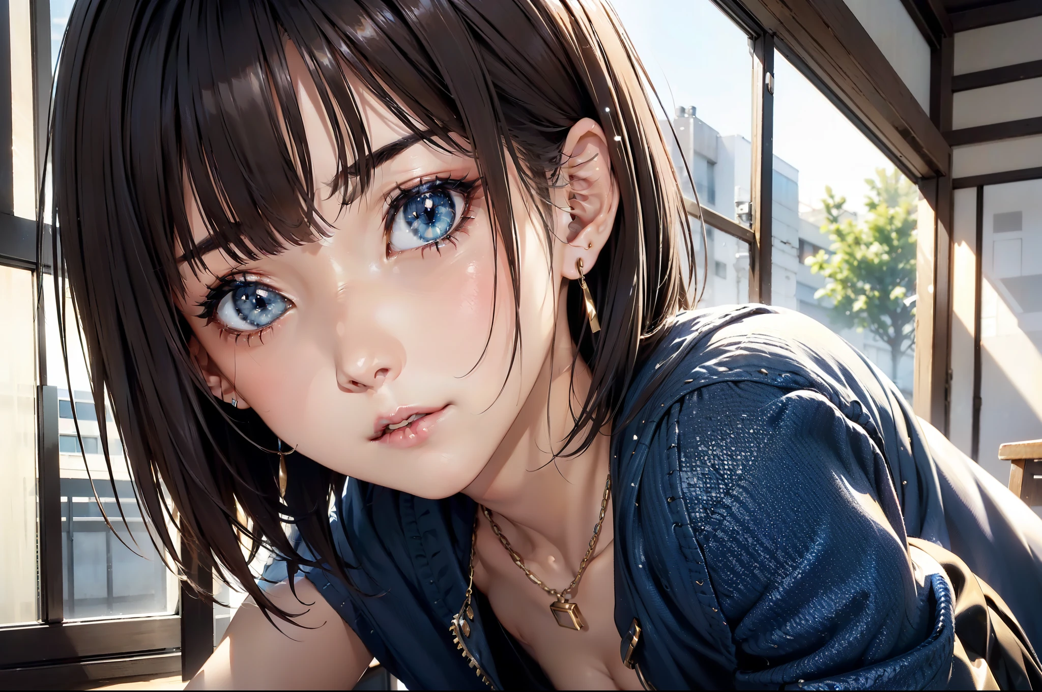 (masterpiece:1.2, highest quality), (realistic, photorealistic:1.4), beautiful illustrations, (natural side lighting, movie lighting), 
looking at the viewer, face focus, Upper body, 1 girl, Japanese, 18-year-old, perfect face, perfect body, Cute symmetrical face, shiny skin, baby face, 
(medium hair, straight hair, light brown hair), hair between eyes, Chest with emerald green eyes, seductive thighs), thin, 
beautiful hair, beautiful face, thin and beautiful eyes, beautiful clavicle, beautiful body, beautiful breasts, beautiful thighs, beautiful feet, beautiful fingers, 
((round neck jacket:1.6, blouse, black tight skirt)), 
(beautiful scenery), evening, (office), Are standing, (cute smile),