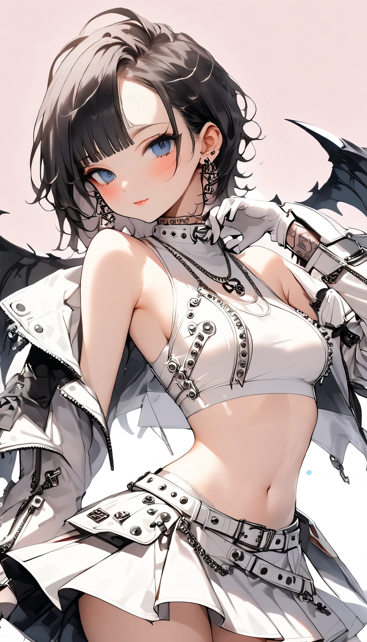 ((dark blue short hair 、Long sideburns, with bangs))((punk style all white costume, completely unified costume with white coloring,
high neck white latex crop top with punk motif design, glittering luster of white latex, shiny texture,
(countless rows of rivets on costume),
sleeveless, exposed shoulders, cold shoulders,
fusion of white latex long sleeves and white latex long gloves, white latex fabric covers from upper arms to fingertips,
stomach, navel,
white latex flared skirt with punk motif design, wide A-line, miniskirt ,
white latex high platform thigh-high boots with heels, countless rows of rivets on thigh-high boots,
))(Height: 160cm)、(( Anatomically Correct Body ))、(((( very small breasts:0.1)))), (20-year-old woman)((Healthy))(blush) Top Masterpieces、 fulfilling and happy 、oblique front shot 、( full body view)、 see here、pale pink background、cute seduction pose、((One Woman))(The color of her eyes is dark blue 、 Beautiful Big Highlights)((half-closed eyes, sexual meanings))