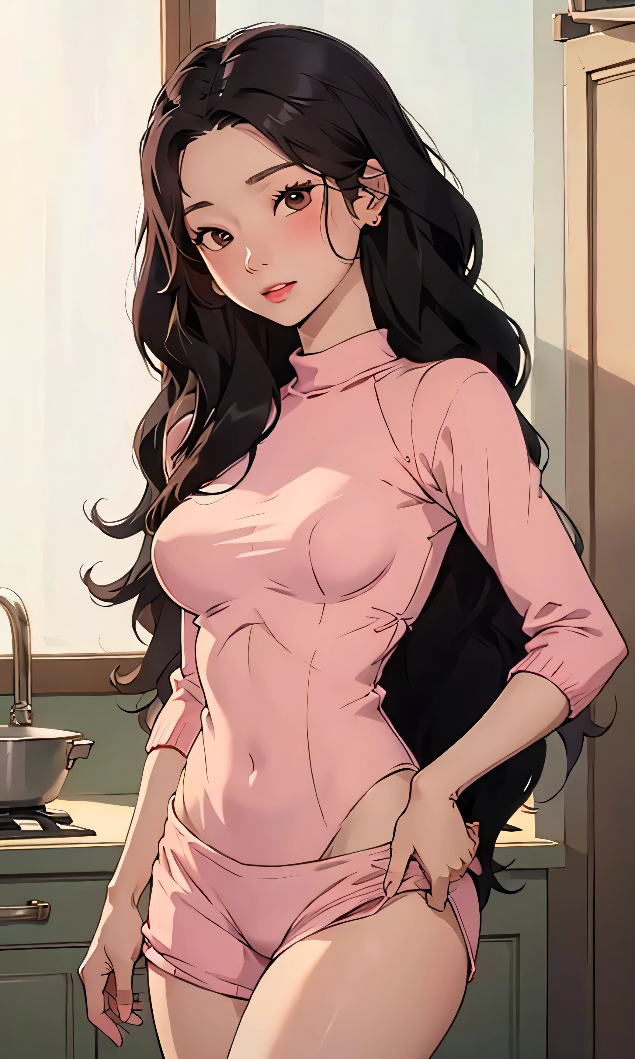 masterpiece, high detail, Kim Dahyun, a beautiful girl , Korean, thin and tall, black hair, long hair, wavy hair , black eyes , brown sweater, white underwear, blush, pretty legs, head on, looking at the viewer , In the kitchen,