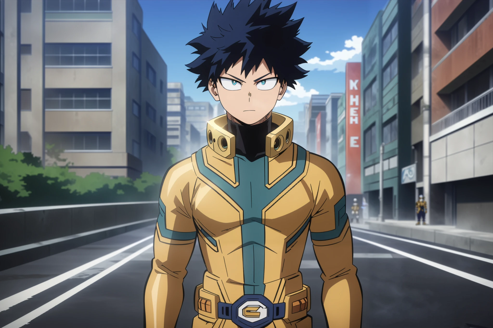 Anime Boy Blue Hair with golden suit.
Big city avenue background, Daytime, detailed anime lighting, colorfull.
My Hero Academia character, MHA style, anime style, my hero academia, boku no hero academia, animated. Anime, Best Quality, Masterpiece, High Resolution, 4K, perfect body, perfect eyes, perfect eyes, Full Quality, colorfull, Looking at viewer, Anime, Anime Style, High Resolution.