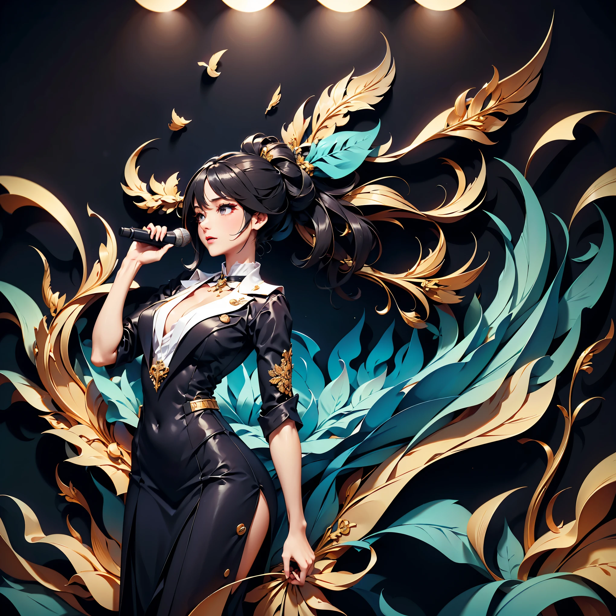 8k, best quality , highest resolution, anatomically correct , paper art、 announcer woman who reached the stage、Lapel microphone、 suit、Reach the stage、35-year-old woman、 black hair、Microphone in hand、 Japanese