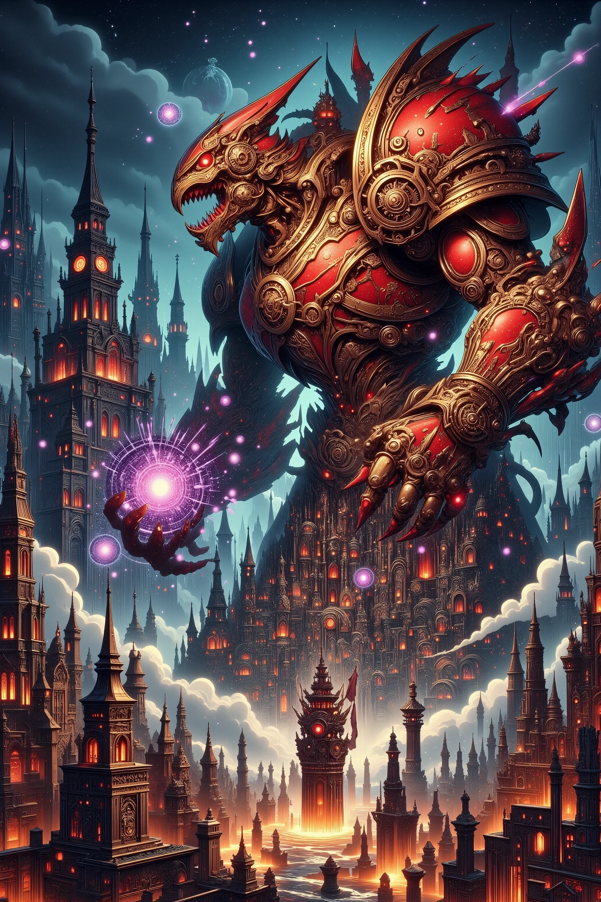 (Ultra-detailed, Gothic Illustration, Dark tone colors. A composition looking down on a giant battle machine soldier attacking the center of the city from the dark night sky above the baroque, futuristic spire towers of the city. The giant battle machine soldier has a golden body with red rusty armor and red or glowing eyes watching for enemies around him. With a bold pose and large movements, he raises a large hammer in one hand, opens a clawed hand in the other, and shoots a round purple beam from the muzzle in the center of his palm. The city burns, shatters, and sprays fire.)