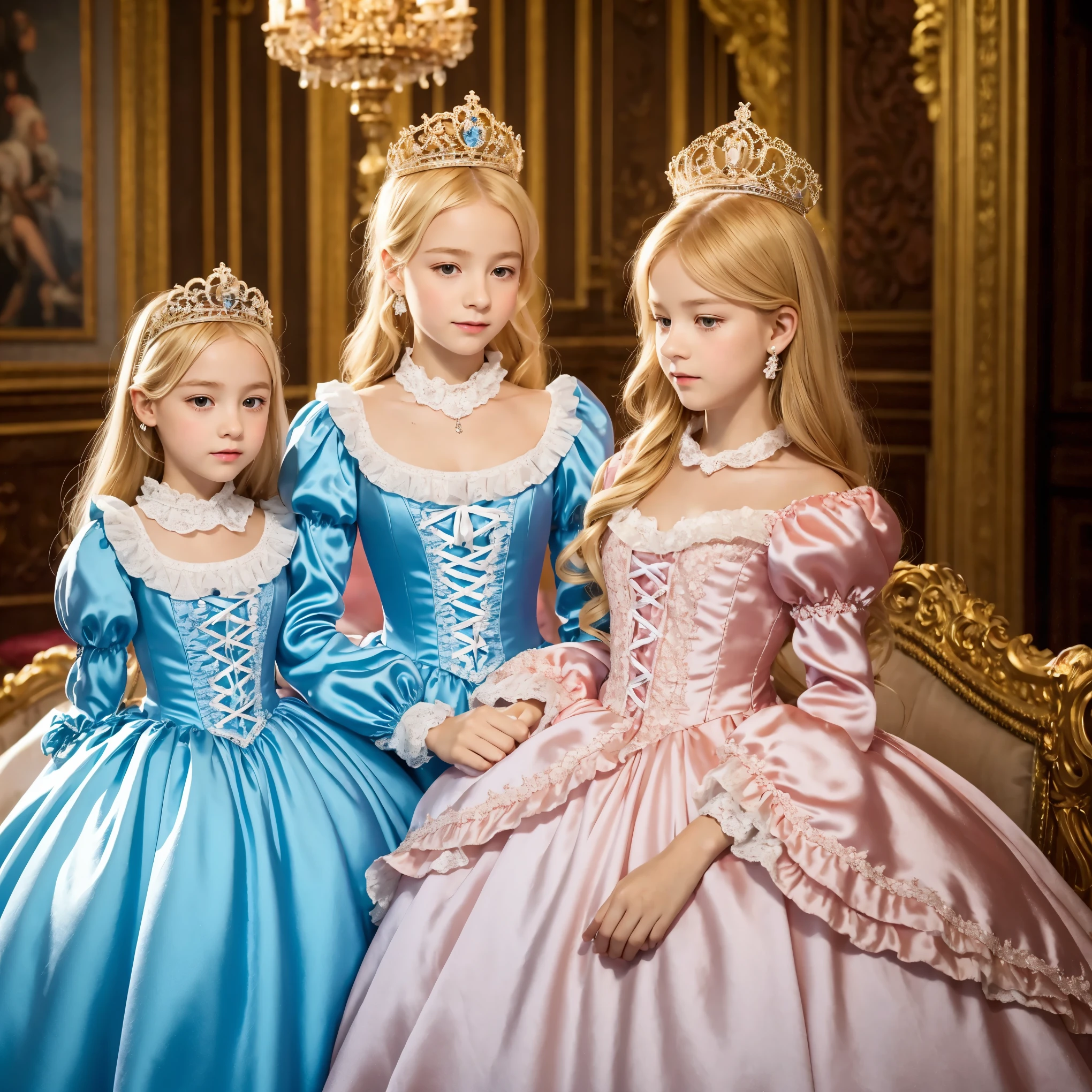 Lot of Princesses Blonde Silk Satin Victorian big Ball Gown Dress. young germany girls,baby face:1.0ll:1.0,s,long sleeves,puff sleeves,frilled yoke collar,The dress is decorated with lots of frills and ribbons.,straight Long hairThey are wearing princess tiara on the head,in the luxurious European rococo style palace,