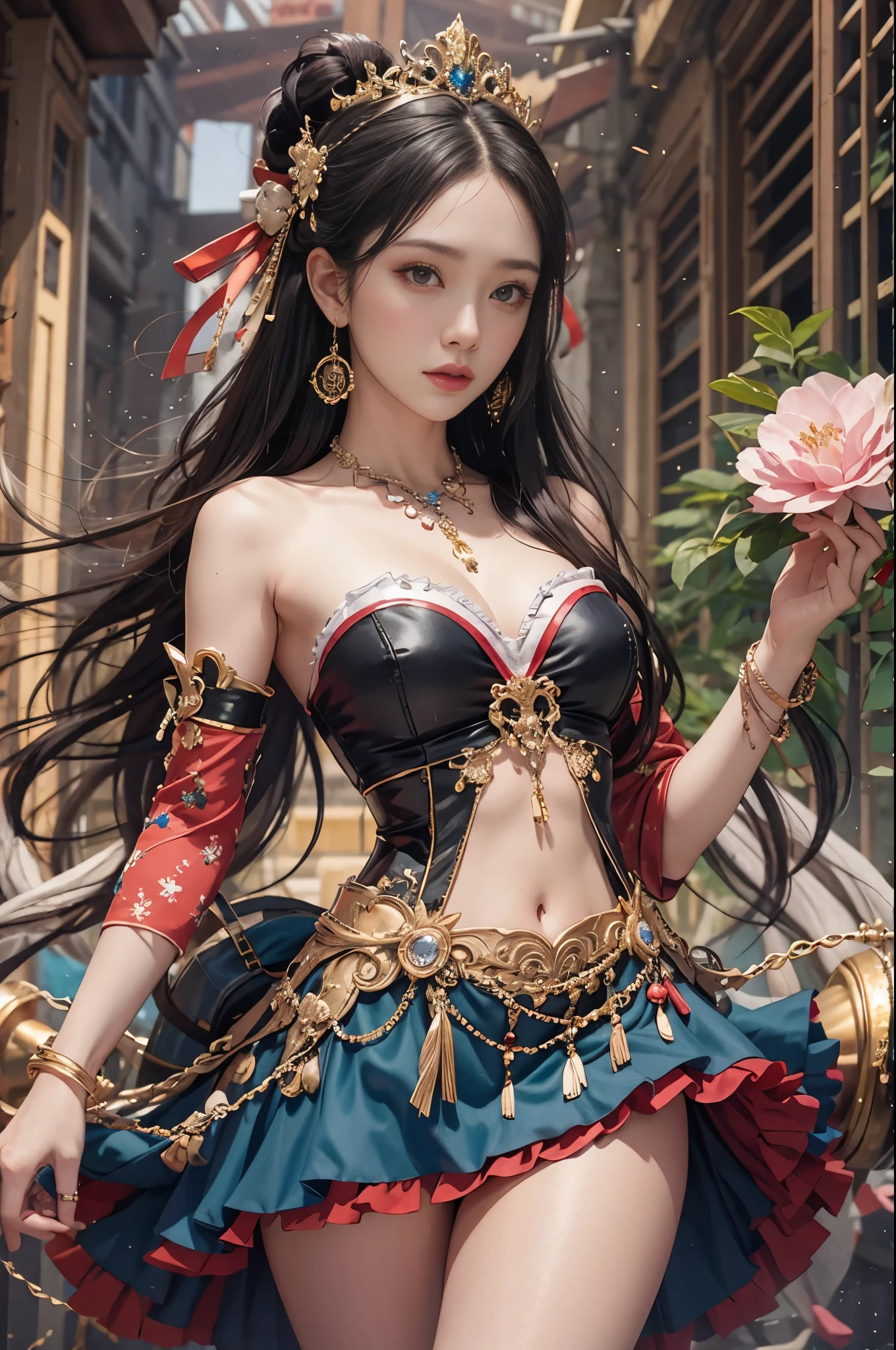 best quailty,masterpiece,((Ultra-detailed high resolution)),(realistic pubic hair:1.4),OriginalPhoto,,illustratio,1girl huge large breasts,handheld weapon,(Solo exhibition:1.2),(cowboy lens:1.2),(Hair crown:1.2),Traditional costumes of Dunhuang, China,No shoulder strap,(Red eyeliner:1.2),(Black eyes:1.4),耳Nipple Ring,Dynamic angle,opera house,messy_long_hair,ink,电影灯光,lens_flare,velvet,chrysanthemums,tassels,ribbons,color embroidery,Upper body body,facing at camera,dynamicpose,Large,Embroidered cloth shoes