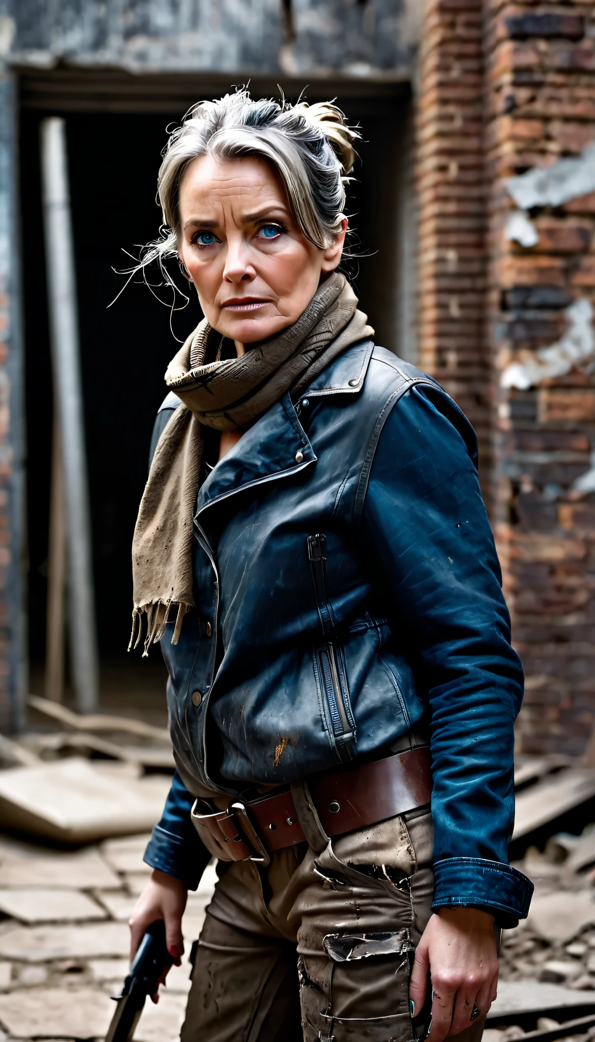 A middle-aged woman, around 50 years old, with graying hair tied in a messy bun, sharp blue eyes filled with a mix of wisdom and weariness. Her face has subtle wrinkles and faint scars, telling the story of a hardened survivor. She wears a weathered brown leather jacket over a dark wool sweater, a faded scarf wrapped around her neck. Her tactical pants are dusty and torn, her boots covered in dried mud. A bloodstained hunting knife is strapped to her belt, and she carries a sawed-off shotgun with scratches and rusted edges. She stands in a narrow, abandoned alleyway, leaning against a cracked brick wall, gripping her knife tightly while scanning the surroundings with a cold, calculating stare. The environment is dark and moody, with distant fires casting flickering light on the crumbling buildings. The air is filled with dust and ash, giving the scene a gritty, post-apocalyptic atmosphere. The image is hyper-realistic, ultra-detailed, and cinematic, capturing the intricate textures of her clothing, the fine lines on her face, and the tense, desolate setting with professional photographic quality