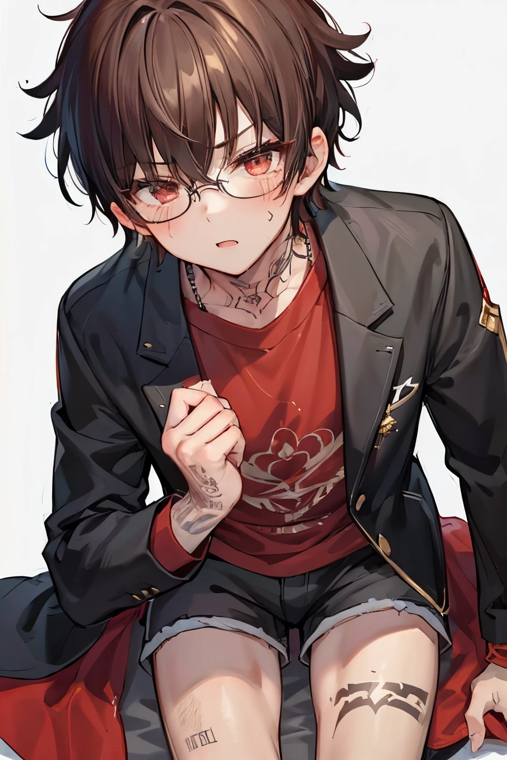 ((1-boy :1.5)),((Adult men with sex appeal:1.0)),Condescending gaze,((looking down:0.5)),red-cheek,Short Hair, brown hair,Red color eyes,♥️, long sleeve shorts,Brass band style ,((tattoo on thigh:1.0)),(glasses:0.8),cute background,(close up Face:1.0)