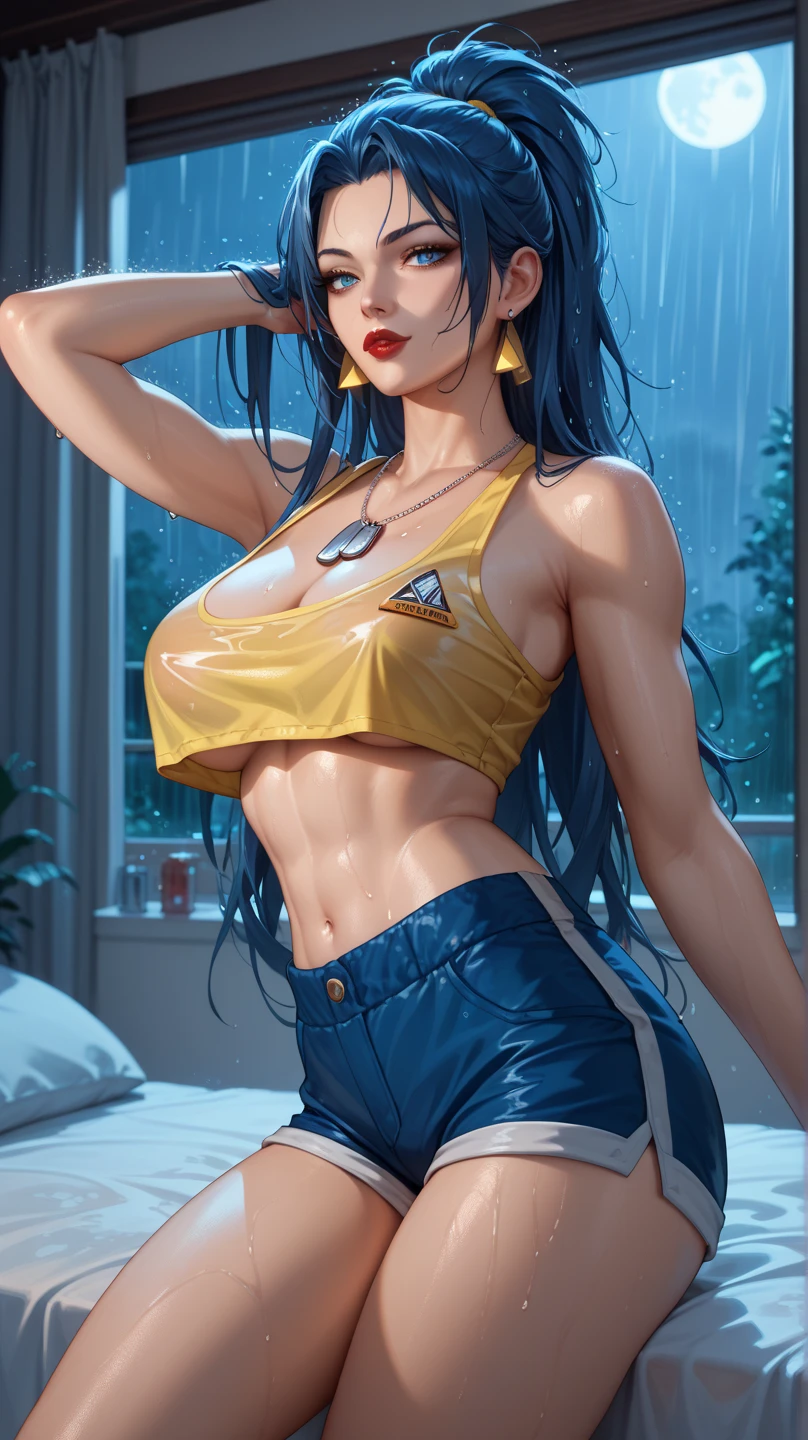 Sexy leona heidern, long hair, dark blue hair, triangle earrings, condog tags, in a bedroom , at night, It is raining, wearing a yellow tube top, wearing blue bodyshorts, pose sexy, Red lips, Lifting up his shirt,