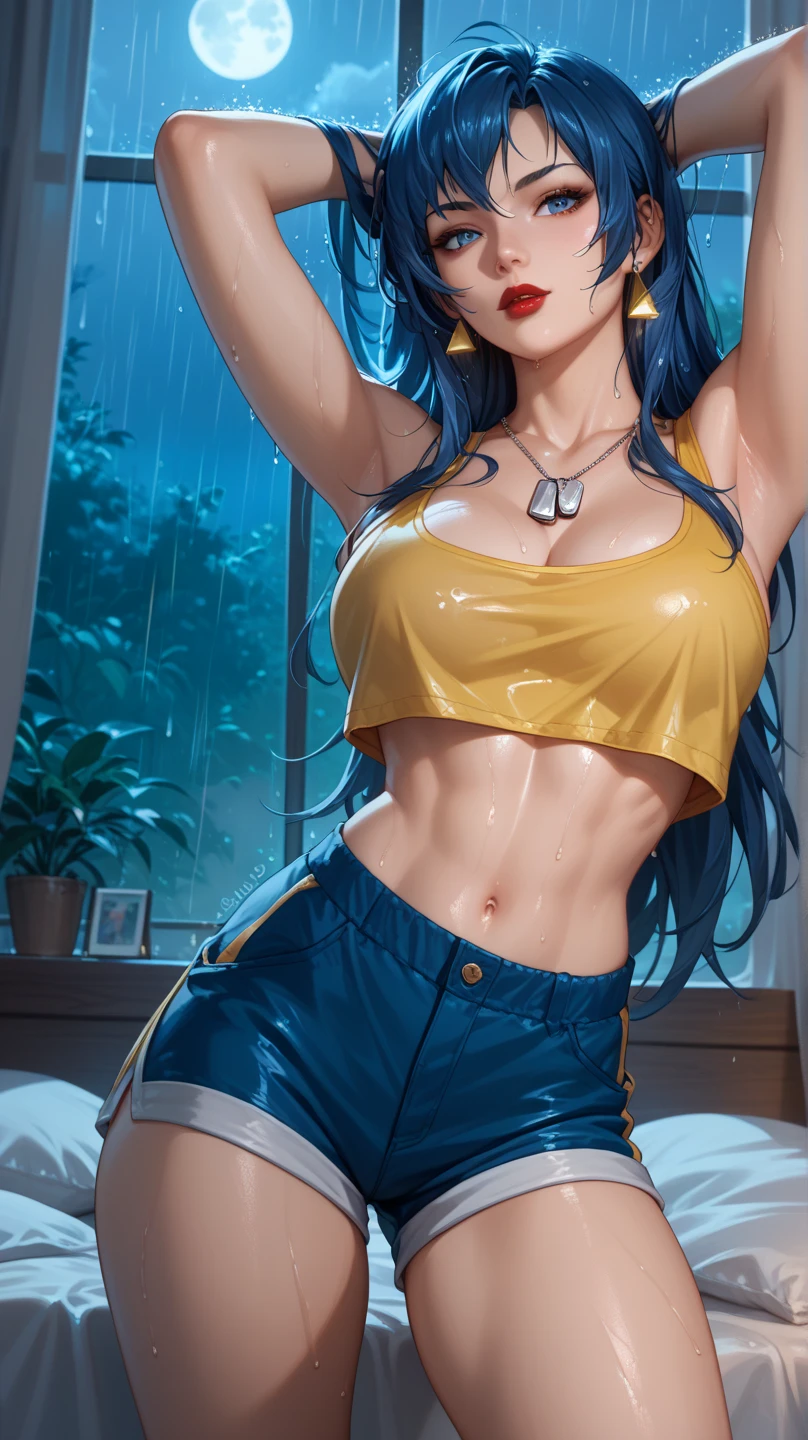 1female，head to thighs image scope, 25yo，熟妇，noodle，long legs，Big breasts Thin waist，the super hot and sexy，gigantic cleavage breasts，Pornographic exposure， 独奏，（Background with：ln the forest，the rainforest，in summer), blue hair with pigtails hairstyle，brazilian blowout hair, standing on your feet, smooth skin, seen from the front， curlies， mostly cloudy sky，（（（tmasterpiece），（Very detailed CG unity 8K wallpaper），best qualtiy，cinematic lighting，detailed back ground，beautiful detailed eyes，Bright pupils，（Very fine and beautiful），（Beautiful and detailed eye description），ultra - detailed，digital artistic masterpiece，）），facing at camera，A high resolution，ultra - detailed, Bulge，Camel toes，Raised sexy，Flushed complexion, frontage，（Wearing: red and yellow themed sports bra, Erotic denim shorts), foliage background