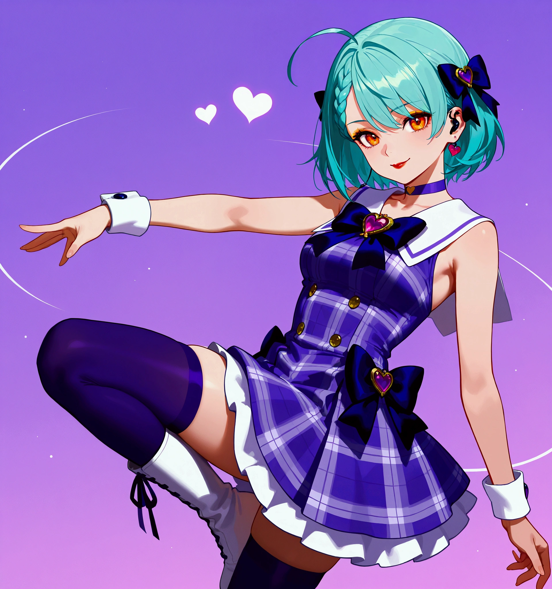 best illustration, illustration, vibrant colors, masterpiece, best quality, absurdities, 1girl, beautiful face, detailed eyes, looking at viewer, contrapposto, seductive, sexy, standing, full body, neeko, facial marks, hair ornaments , hair flower, necklace, lizard tail, multicolored skin, body paint, (neckline: 0.6), (school uniform, tie, long-sleeved dress shirt, black pleated skirt, stockings), classroom, ear of cat