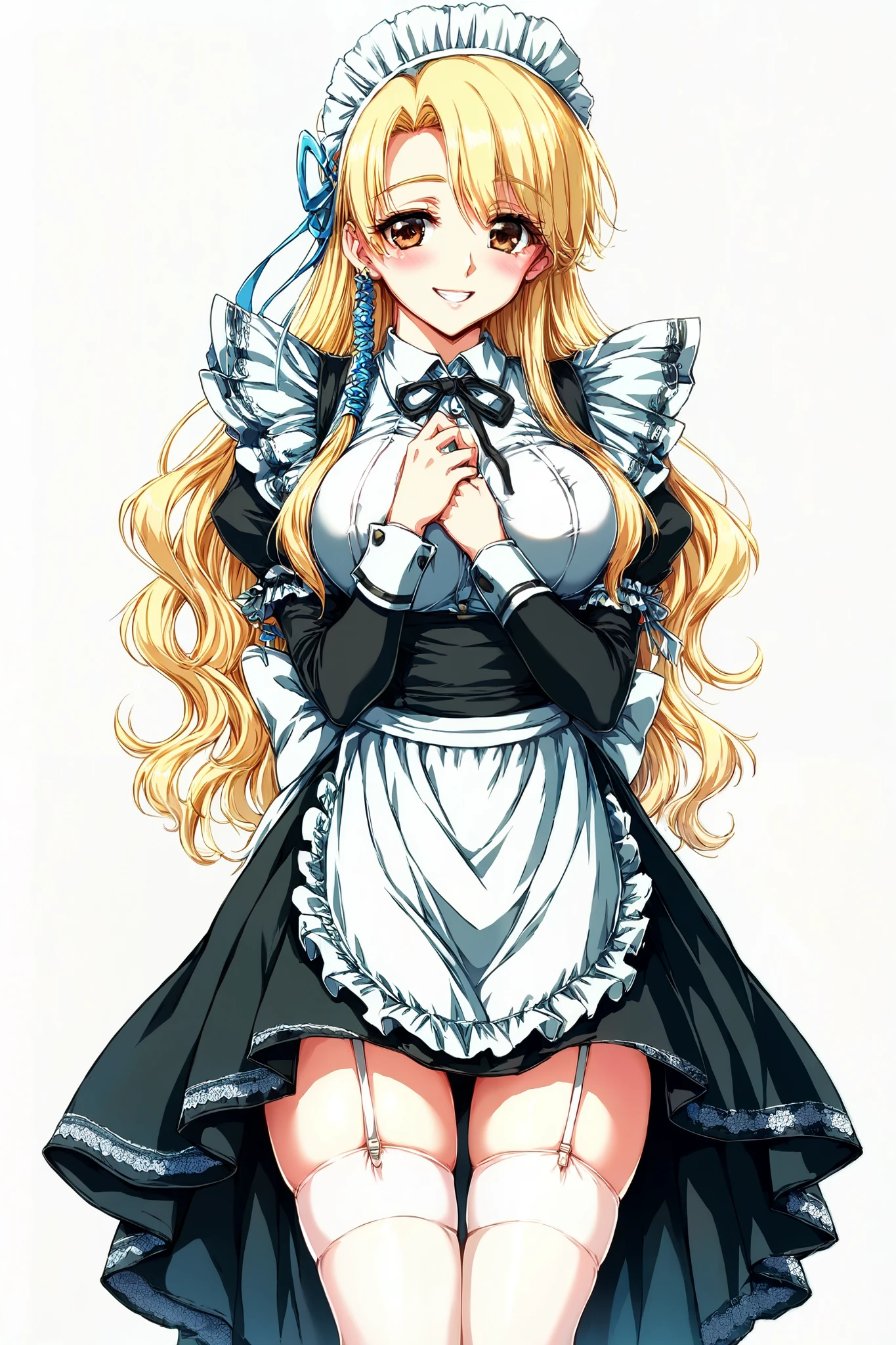 score_9, score_8_up, score_7_up, 1girl, long hair, blonde hair, brown eyes, curtained, curvy body, maid, blush, smile, mid thigh