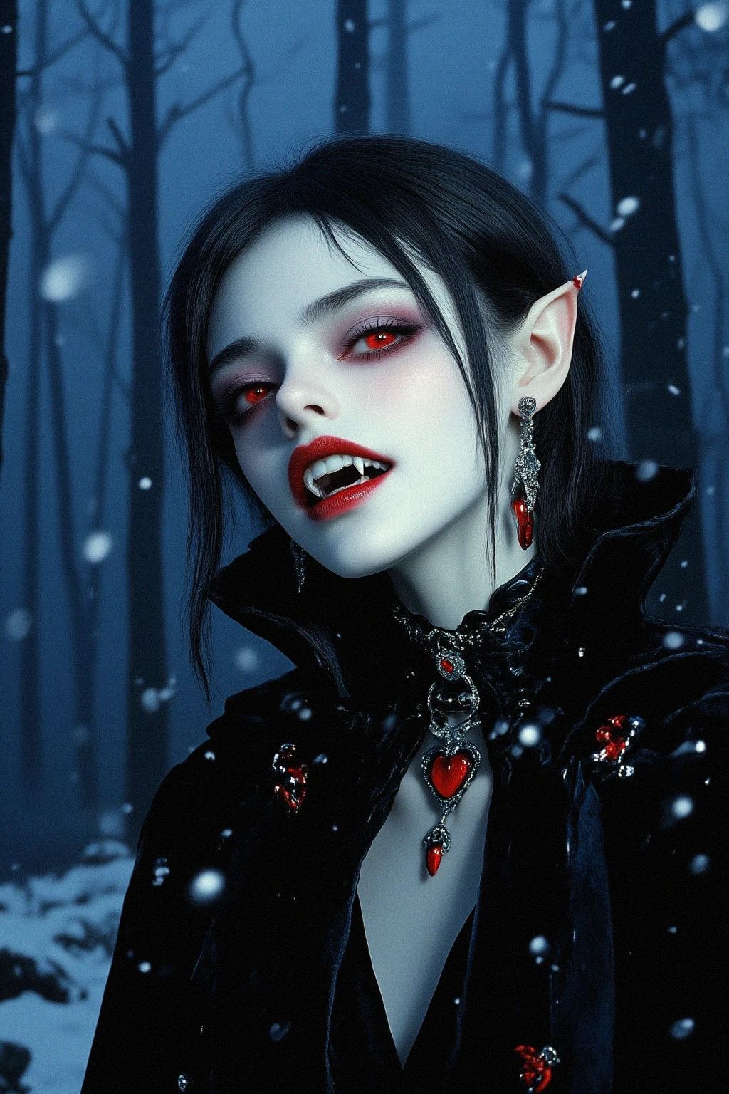 A beautiful vampire lady is glaring at the viewer, whole body. finely detailed beautiful eyes, stunning German lady, black long hair, pointy ears, Freezing Breath, slightly smile with showing her fangs, white breath, slightly glowing red eyes, Porcelain-white skin, pointed red nails, earrings, black choker and red heart necklace, vampire fangs, black long Halter neck dress with cloak, pale glowing aura, from side, sharp focus, cinematic lighting, photo realistic, in a deep forest where moonlight shines through, winter night, snow falling, bokeh effect, Falling heavy snow in the foreground