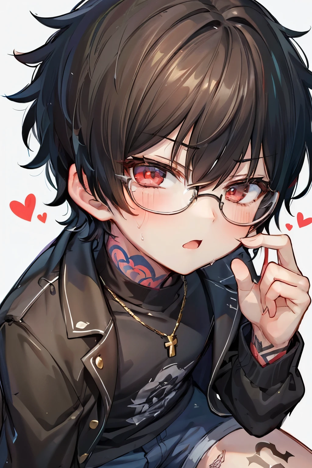((1-boy :1.5)),((Adult men with sex appeal:1.0)),Condescending gaze,((looking down:0.5)),red-cheek,Short Hair, brown hair,Red color eyes,♥️, long sleeve shorts,Brass band style ,((tattoo on thigh:1.0)),(glasses:0.8),cute background,(close up Face:1.0)